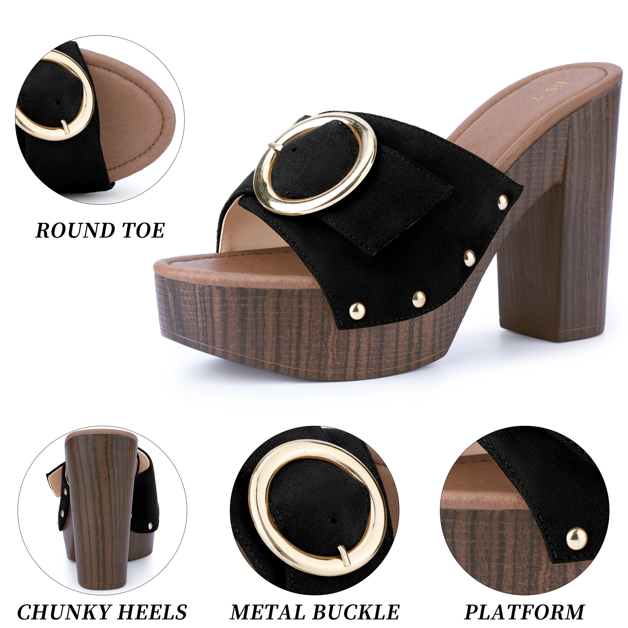 BLISSFUL STEP Women's Faux Suede Buckle Slip on Platform Chunky Heels Sandals