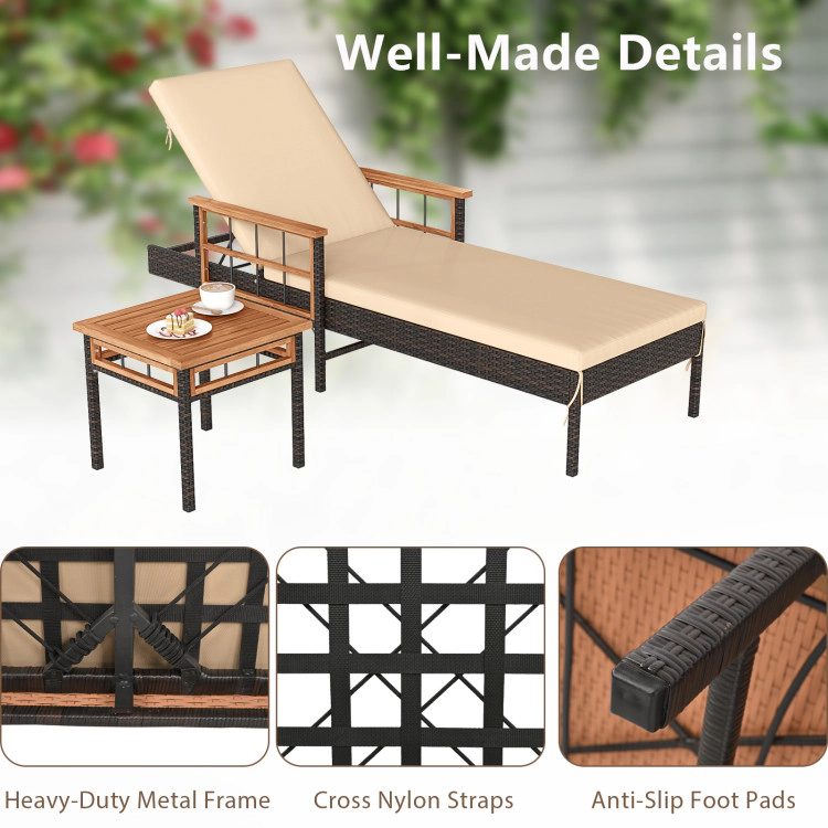 Hivvago Patio Rattan Chaise Lounge With Side Table And Adjustable Backrest