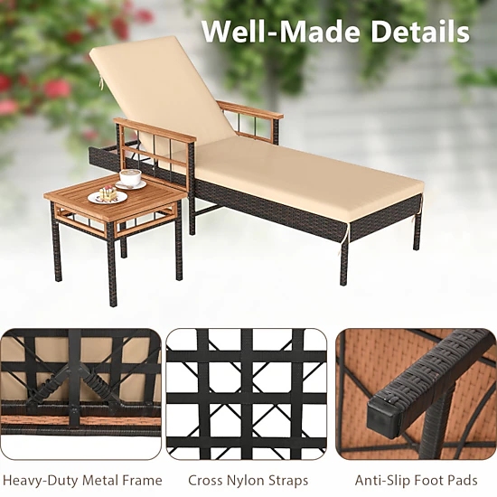 Hivvago Patio Rattan Chaise Lounge With Side Table And Adjustable Backrest