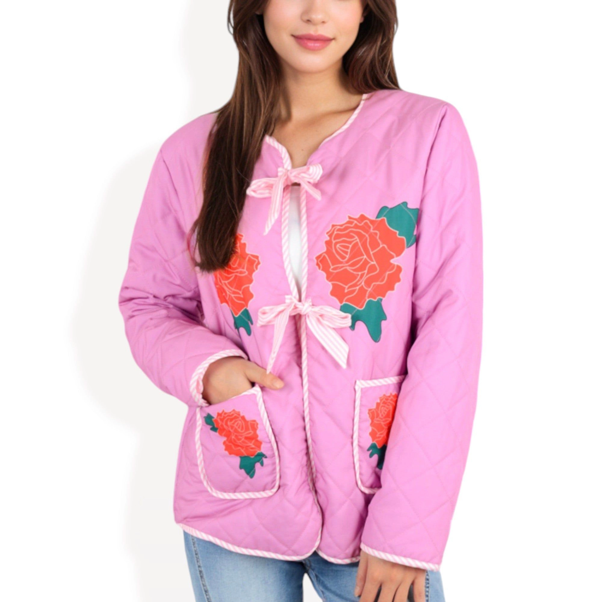 Anna-Kaci Women's Quilted Floral Embroidered Jacket with Bow Tie Front and Patch Pockets