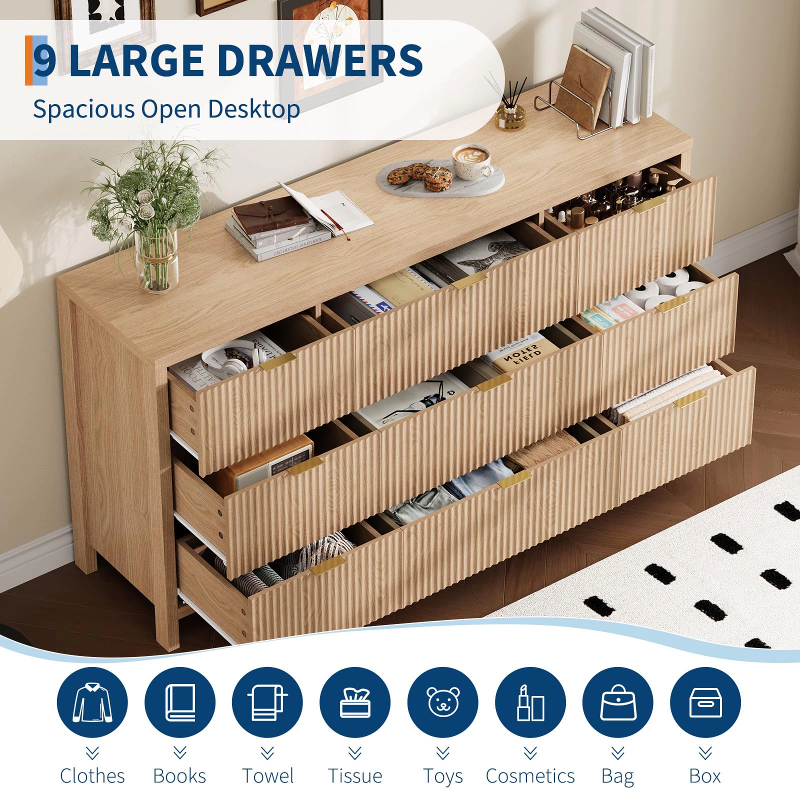 58.5" Wide Fluted 9 Drawer Dresser, Mid-Century Wood Storage Chest for Bedroom