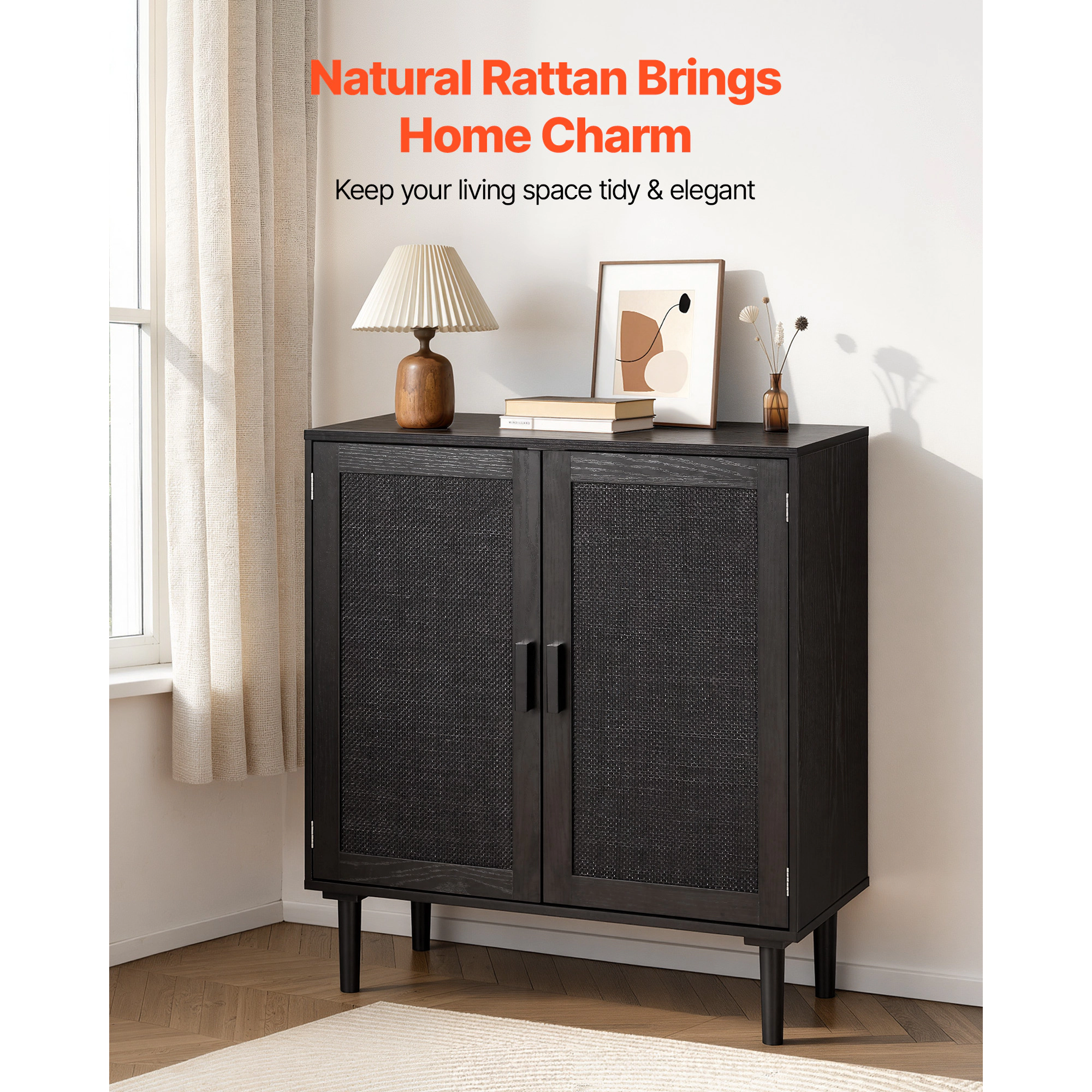 HONGGE Rattan Cabinet Rattan Storage Cabinet with 2 Magnetic Doors and Adjustable Shelves Accent Sideboard Buffet with