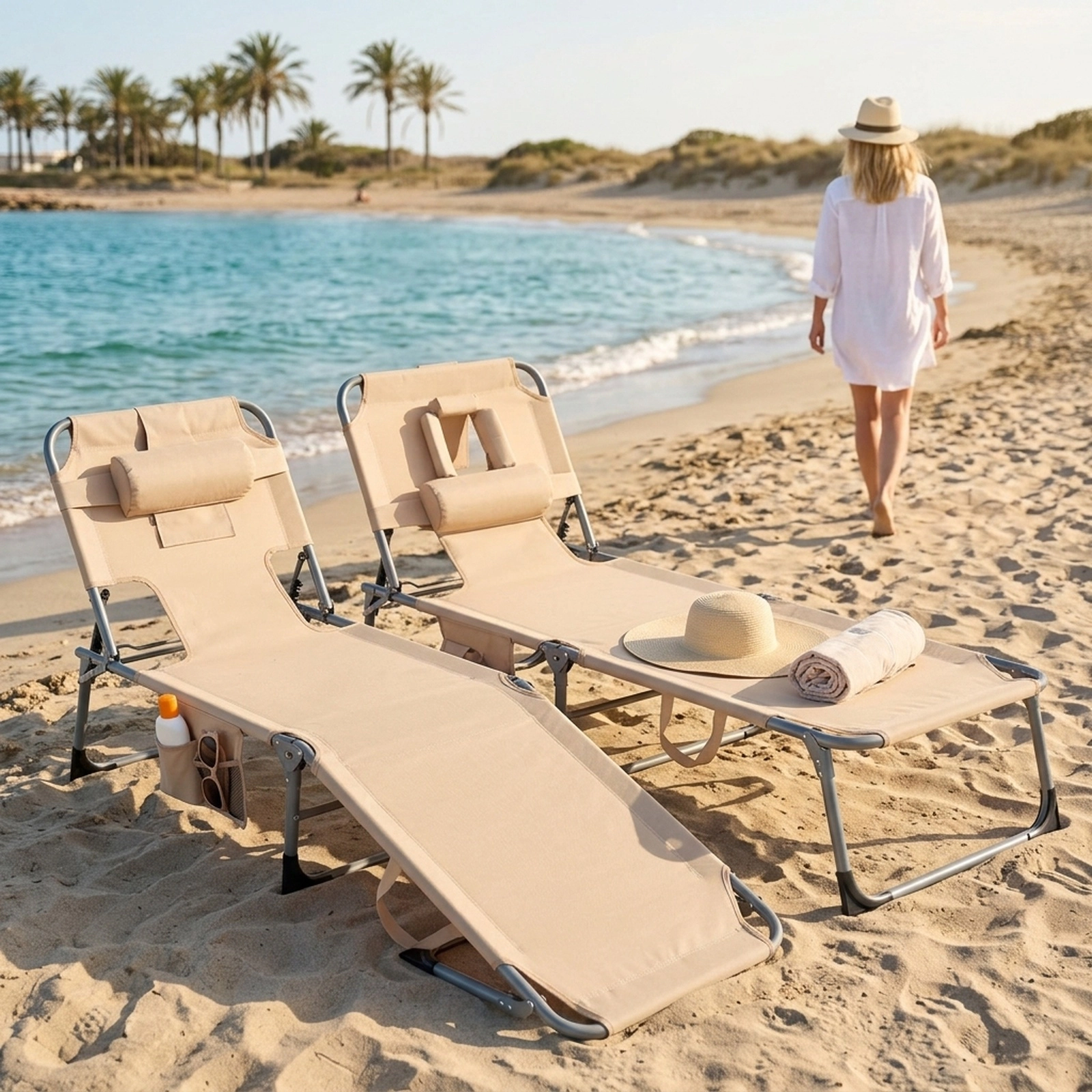 Outdoor Tanning Chairs Set of 2 Folding Chaise Loungers with Face and Arm Holes 4-Position Back 2-Position Beige