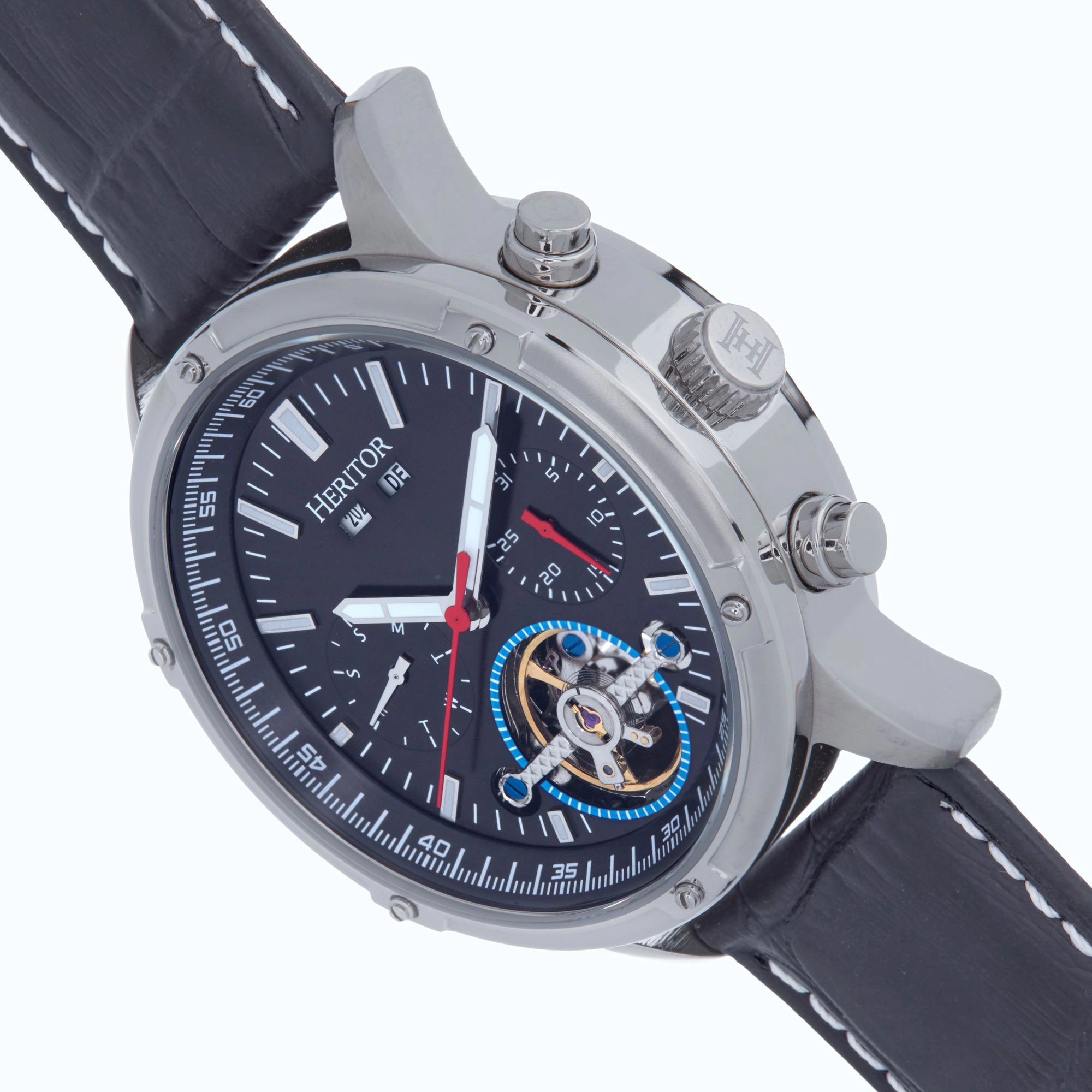 Heritor Automatic Wilhelm Semi-Skeleton Leather-Band Watch w/Day/Date