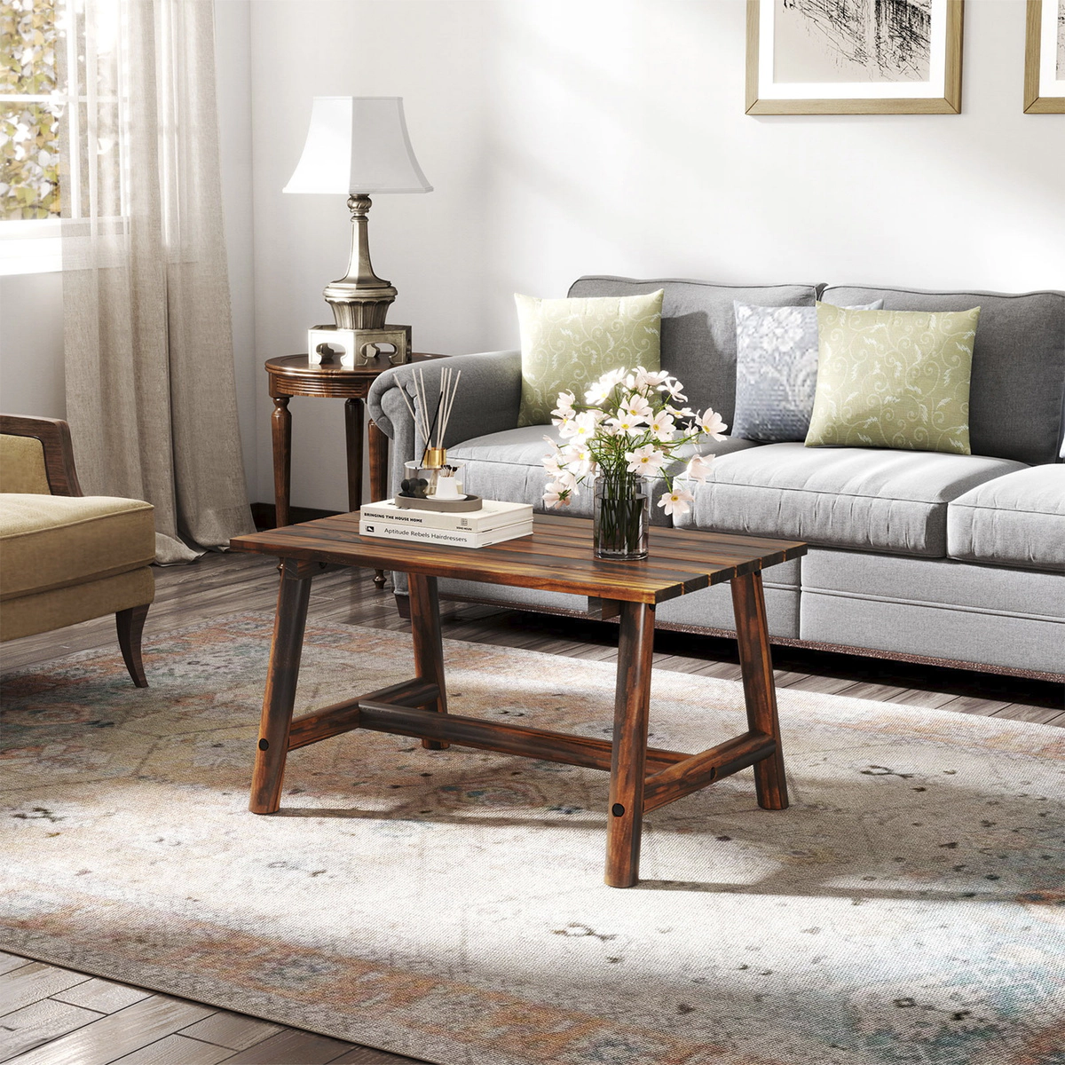 SUGIFT Solid Wood Pine and Fir Coffee Table with Slatted Top 275-lb Capacity 35.5 x 21.5 x 19.5 in Brown 1-Piece