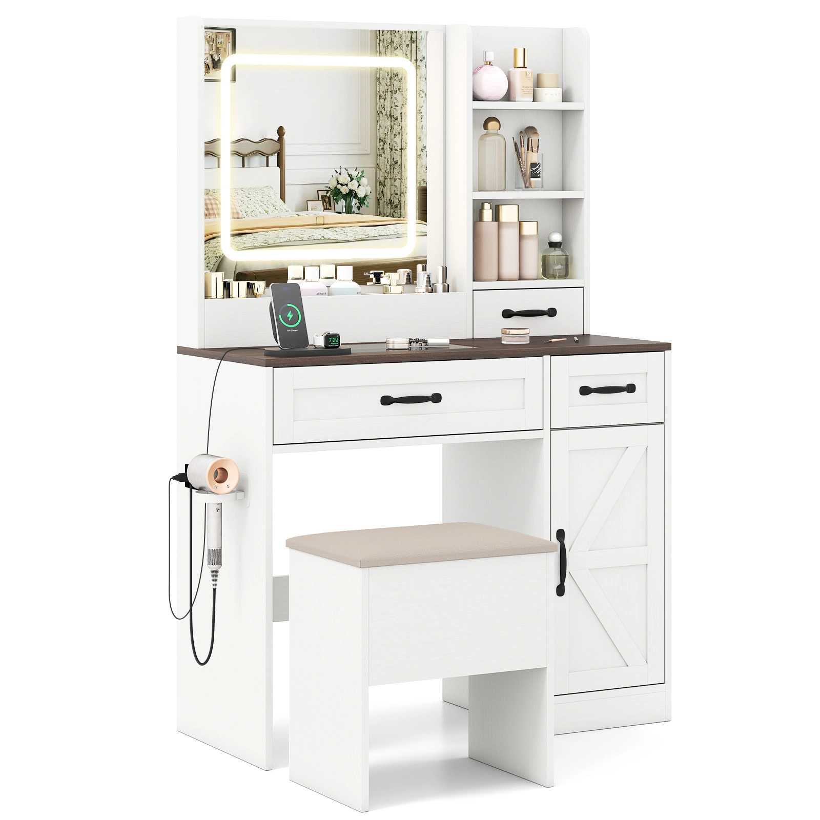 SUGIFT Vanity Desk Lighted Mirror & Charging Station Makeup Dressing Table 155-lb Tabletop Capacity with 330-lb Stool