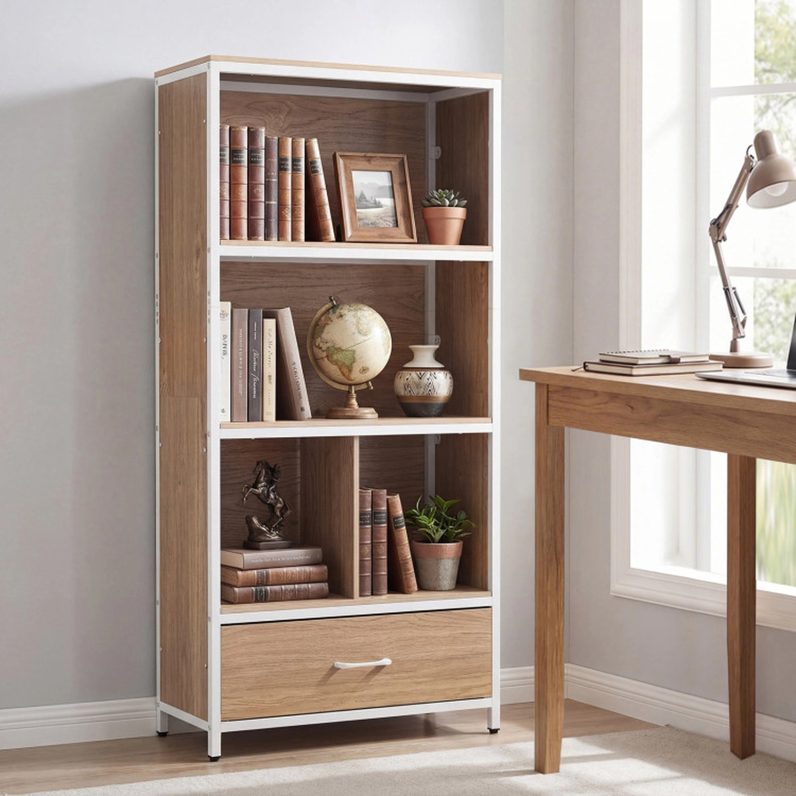 SUGIFT 5-Tier Natural 56-in Tall Freestanding Bookshelf with Removable Fabric Drawer and Open Storage