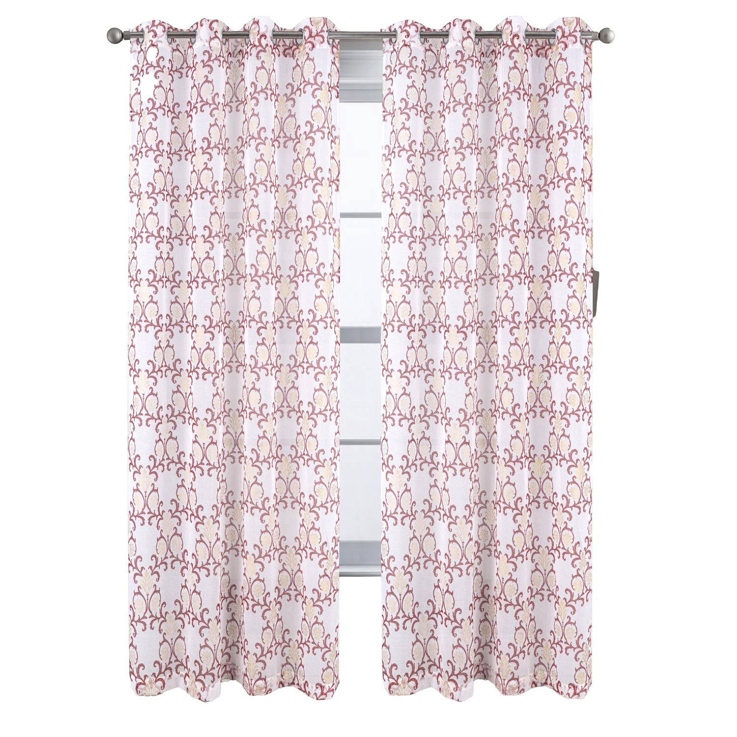 RT Designers Crown Metallic Sheer Printed Doily Grommet Curtain Panel Pair 36 x 84 Burgundy