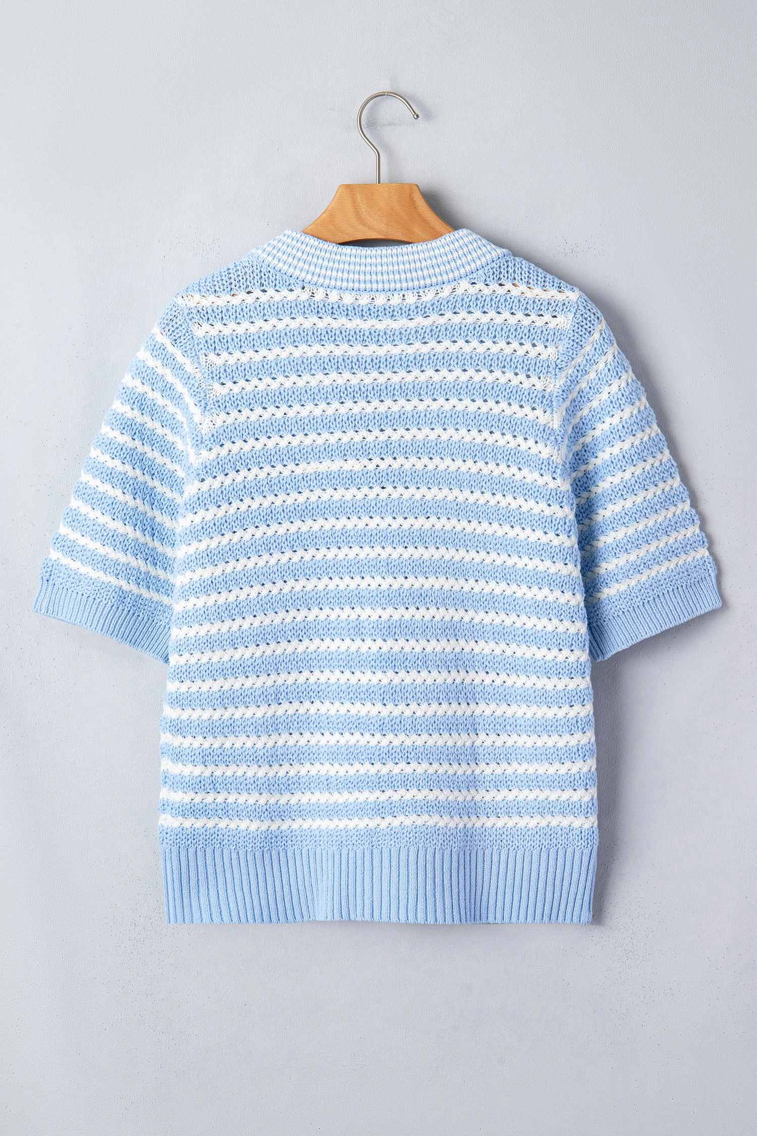 Threaded Pear Sky Blue Stripe Short Sleeve Knit V Neck Bow Knot Sweater