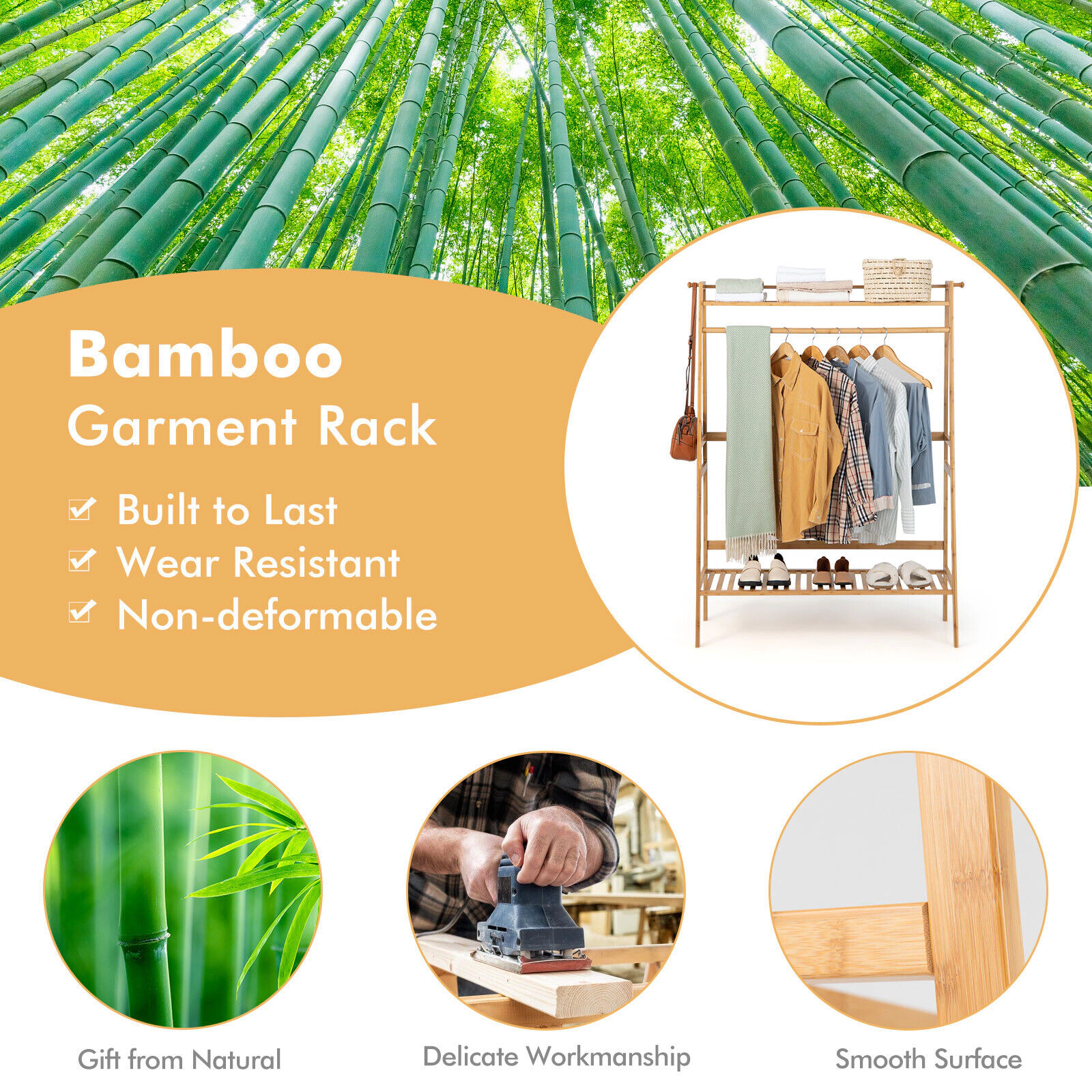 SUGIFT 55-in 66-lb Shelf Bamboo Clothing Rack and Garment Stand with 2-Tier Storage Shelves and Hanging Rod