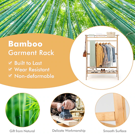 SUGIFT 55-in 66-lb Shelf Bamboo Clothing Rack and Garment Stand with 2-Tier Storage Shelves and Hanging Rod
