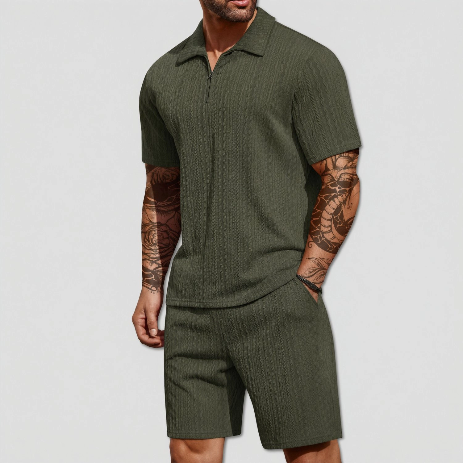 COOFANDY Mens Quarter Zip Polo Shirt Shorts Set Textured Short Sleeve Casual Outfit