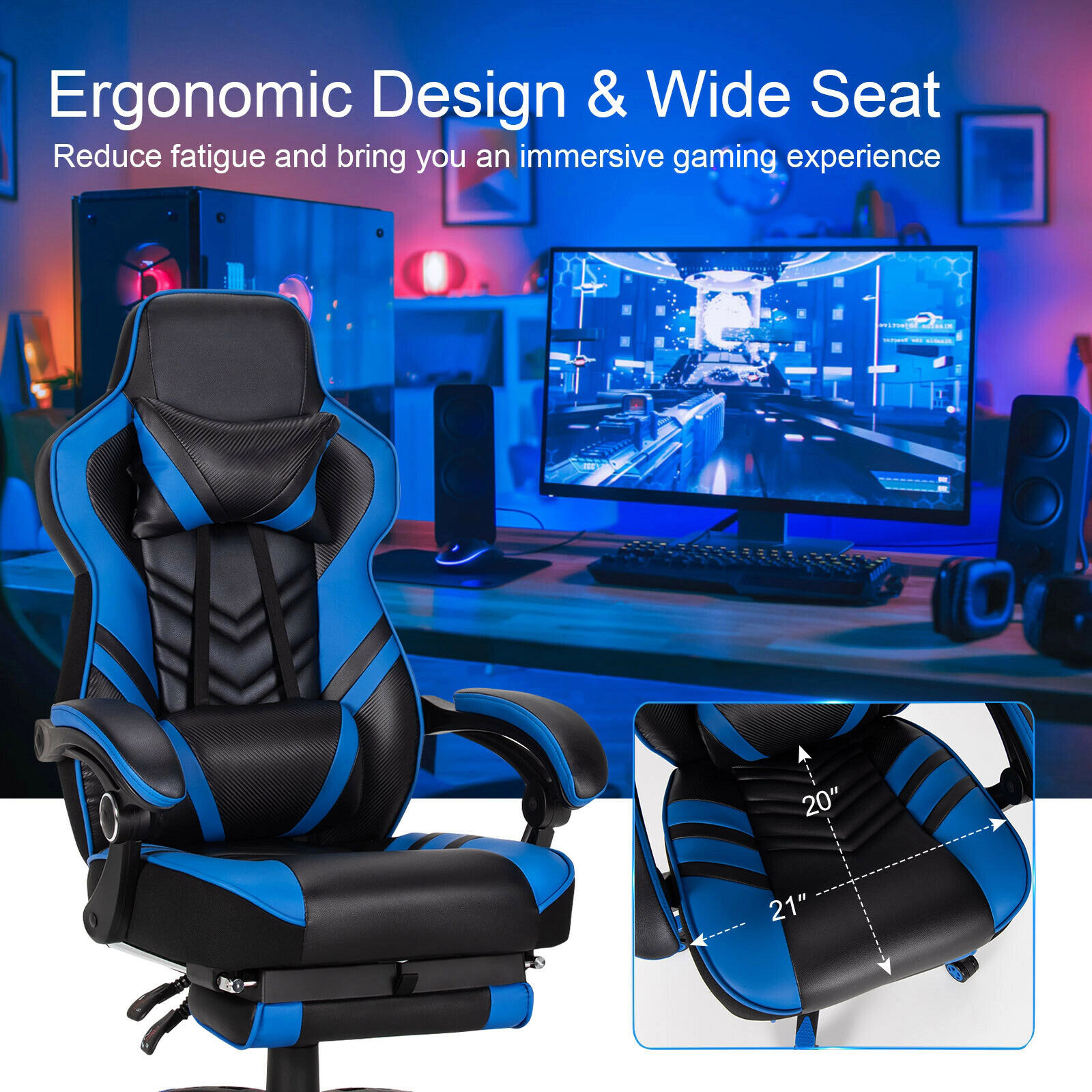 SUGIFT Adjustable Reclining Gaming Chair Footrest 330-Lb Capacity 27 x 27-in Frame 46-49-in High Seat 42-Lb Net Weight
