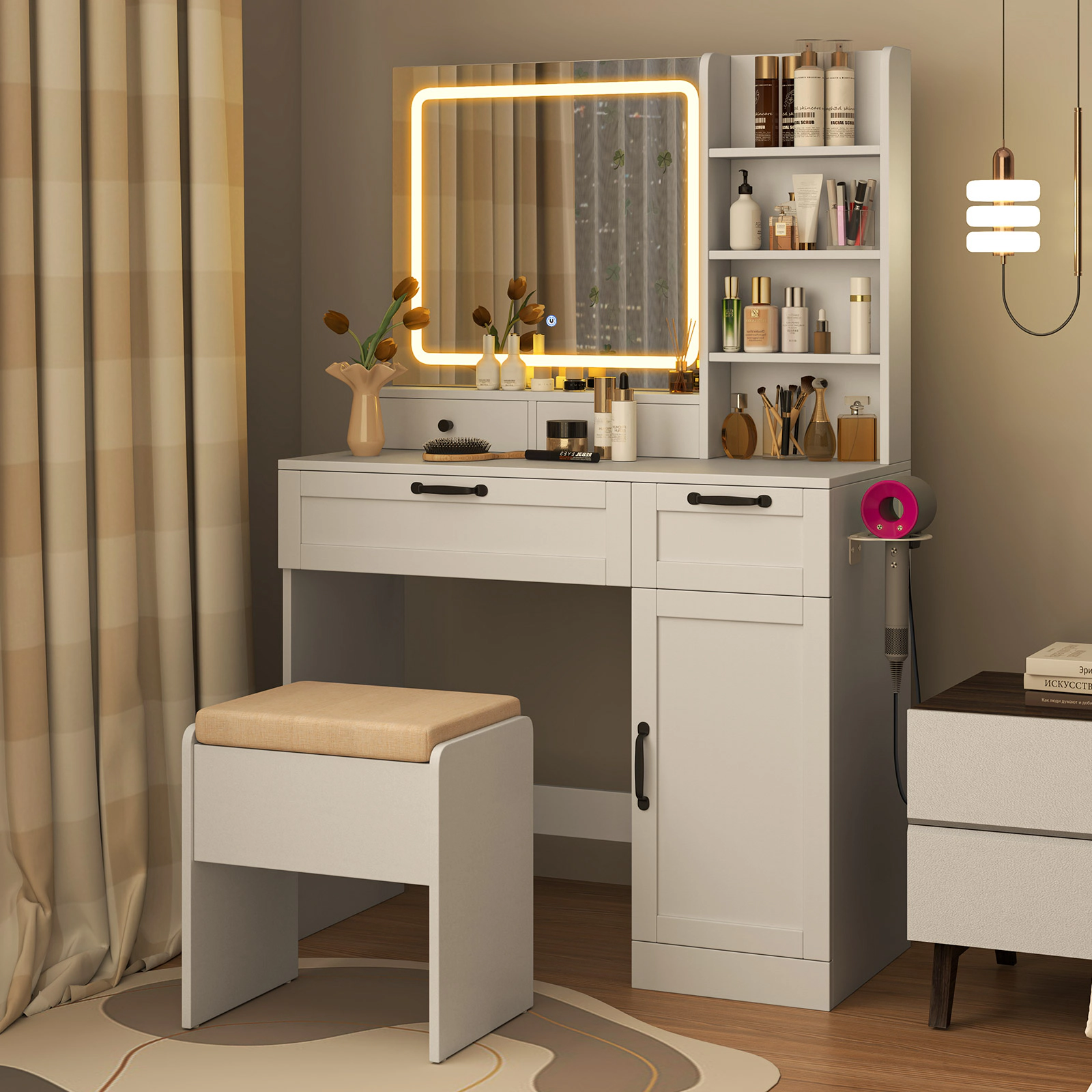 SUGIFT Natural Vanity Desk Set with Lighted Mirror, Hair Dryer Holder and Storage Stool