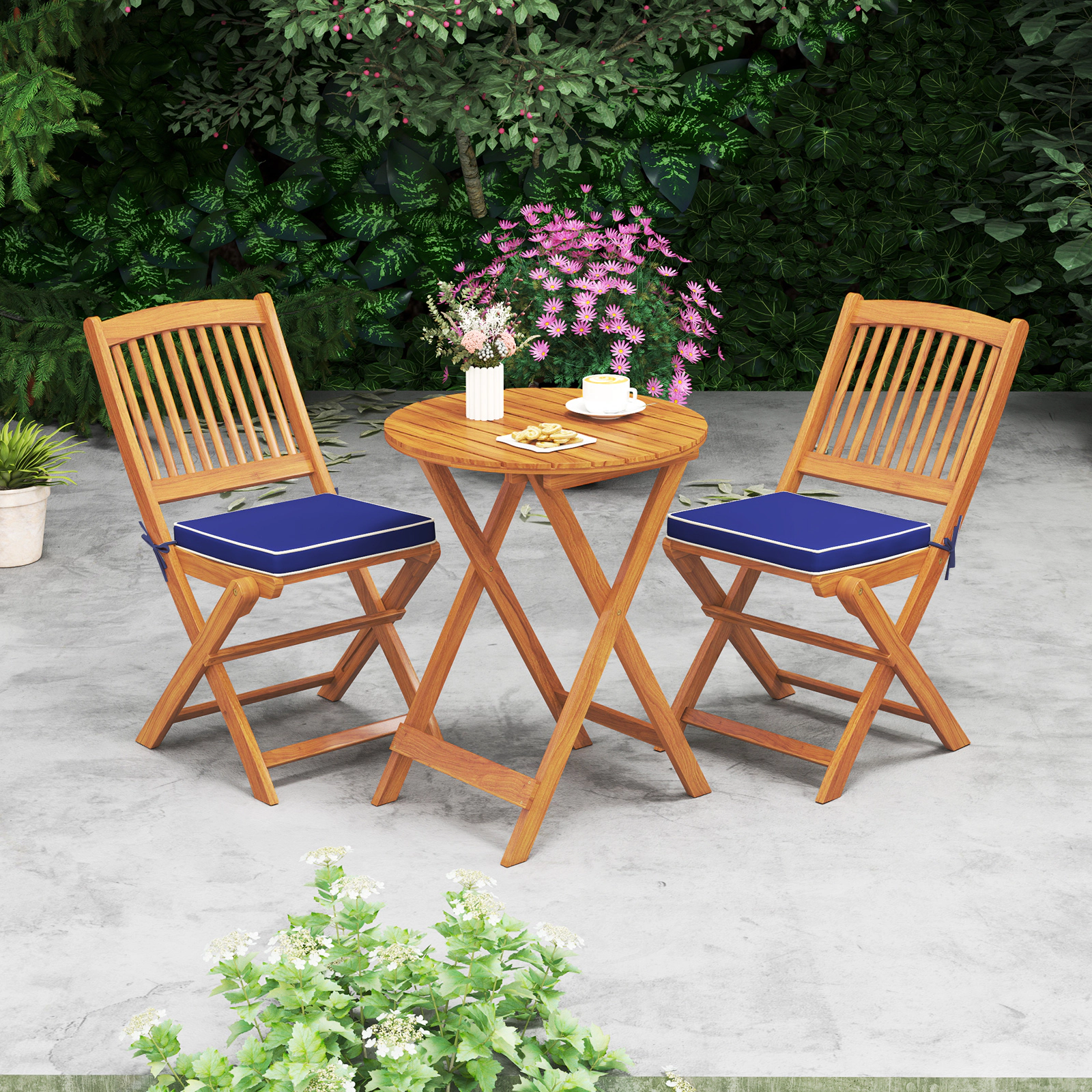 SUGIFT Set of 2 Navy Acacia Wood Folding Patio Dining Chairs with Seat Cushions and Slat Back 18.5-in W 33.5-in H