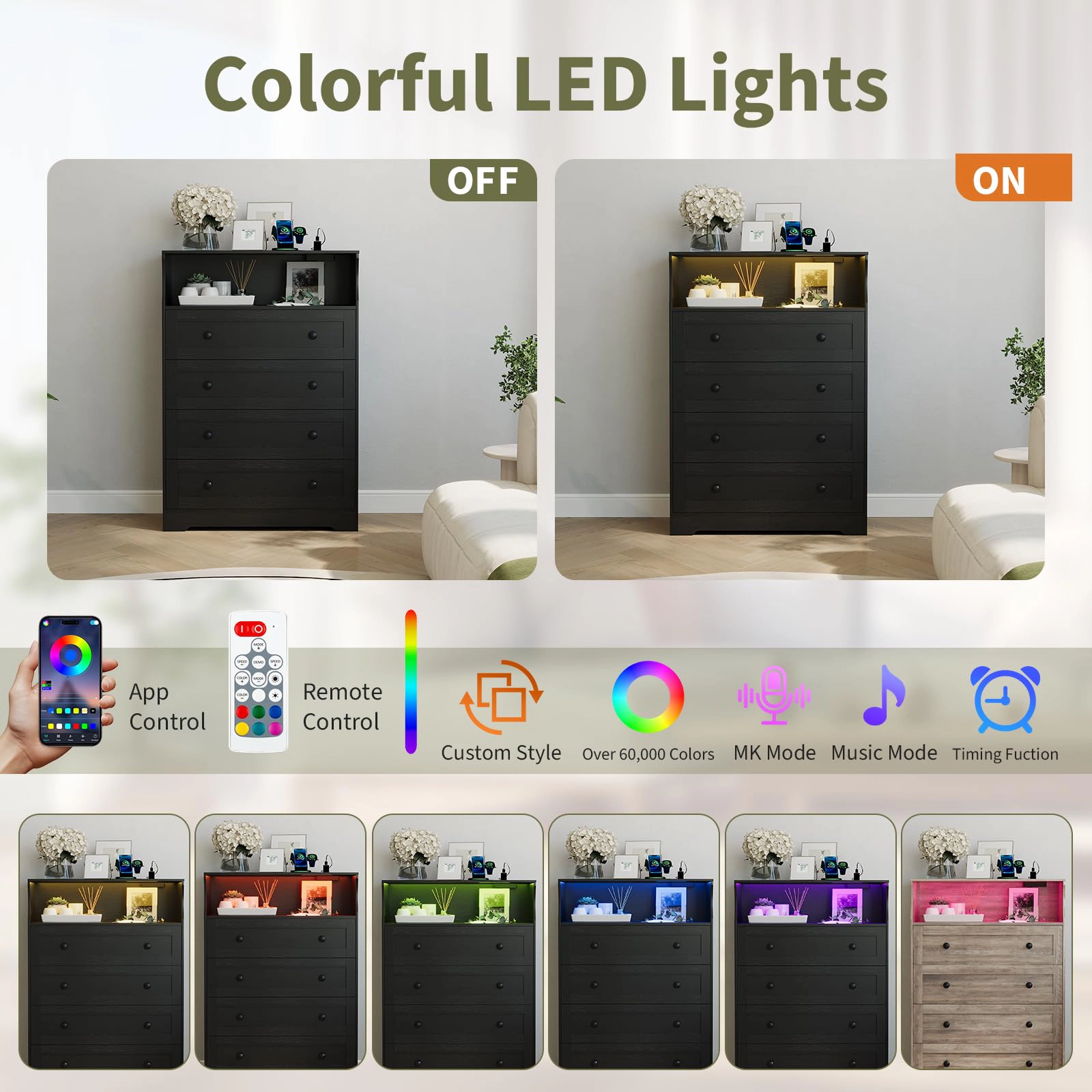 45.2" Tall 4 Drawer Dresser with LED Shelf & Charging Station, Wood Storage Chest