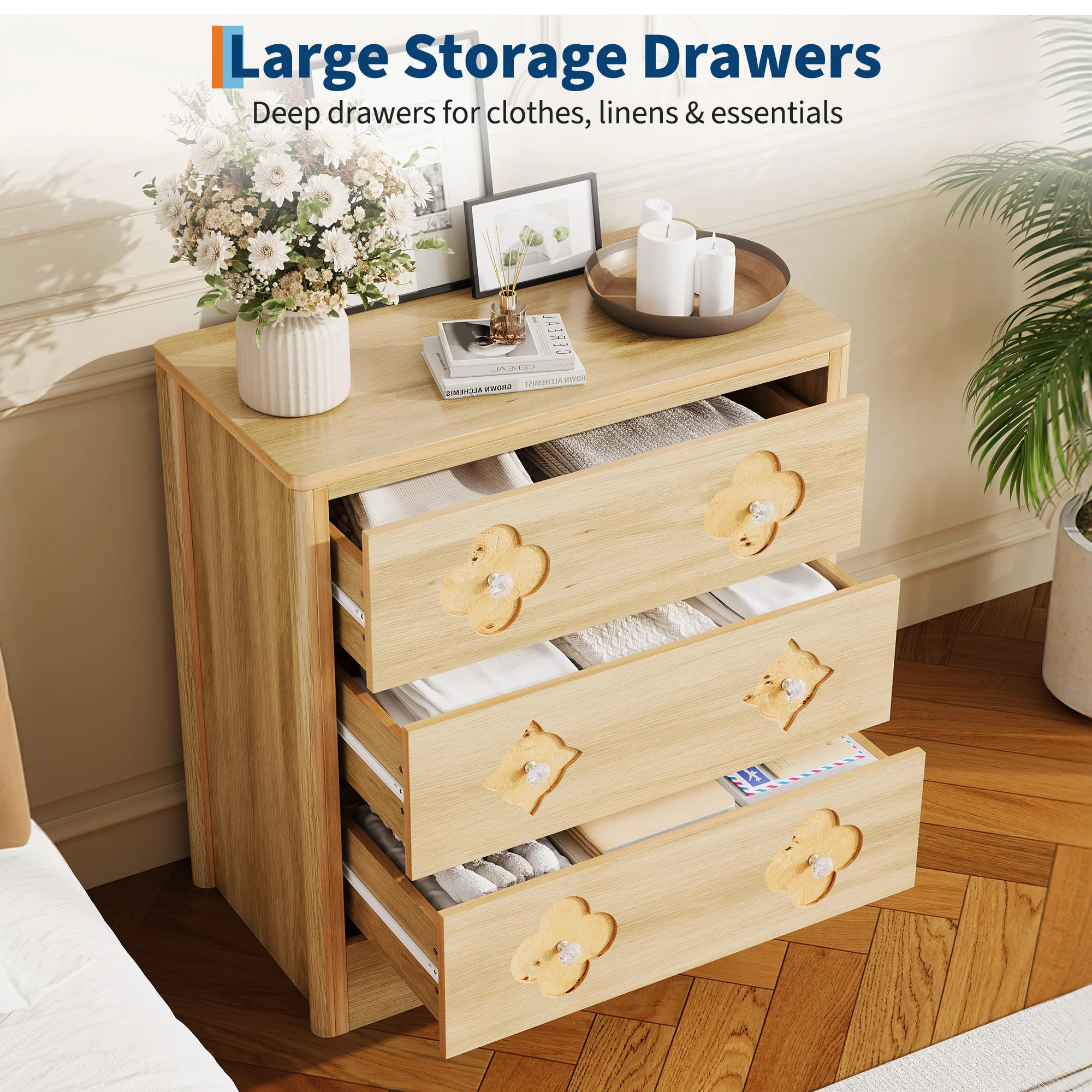 30.4" Tall 3 Drawer Wood Dresser with Decorative Fronts & Crystal Knobs, Bedroom Storage Chest