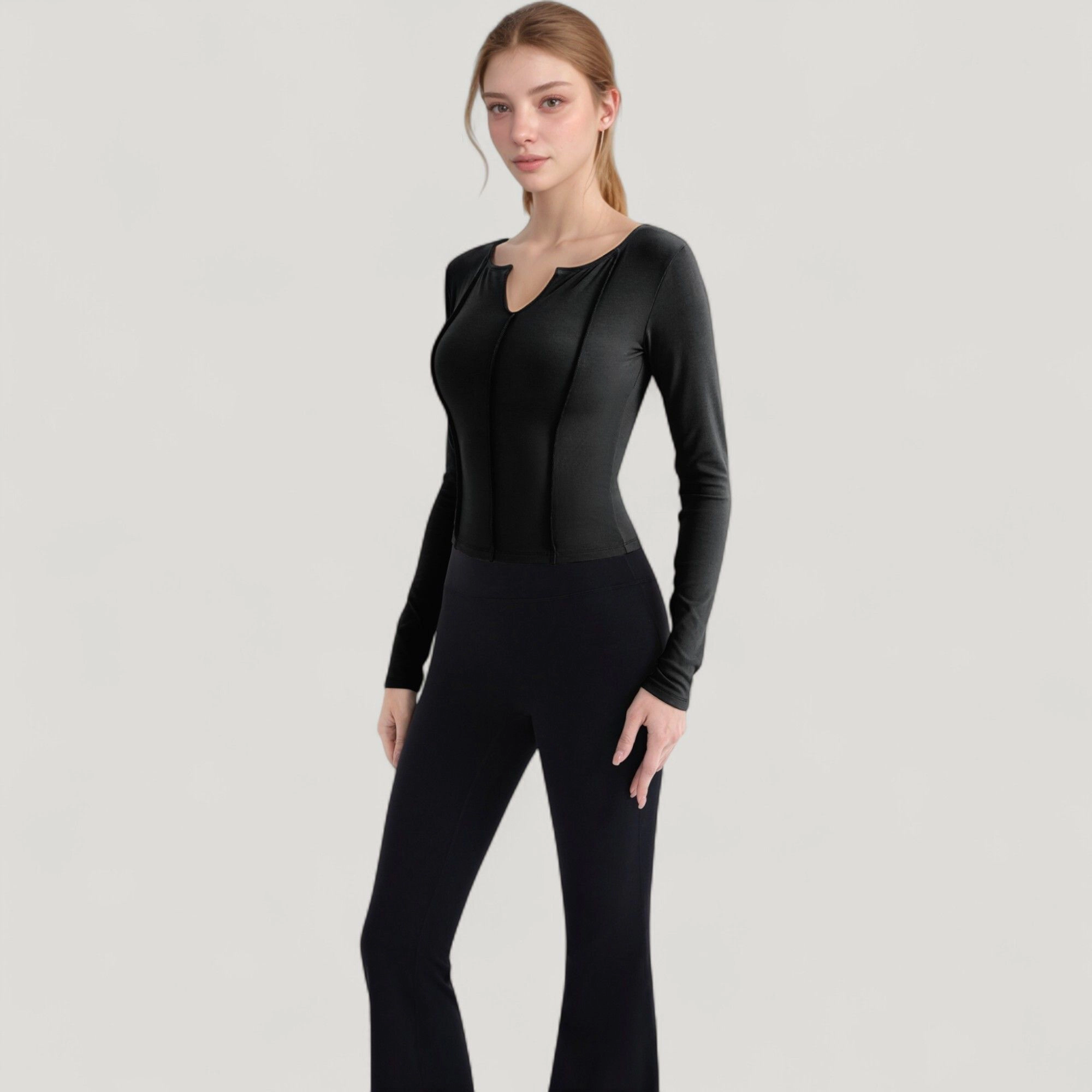 Anna-Kaci Women's Long Sleeve Fitted Athletic Top with Notch Neckline and Contoured Seams