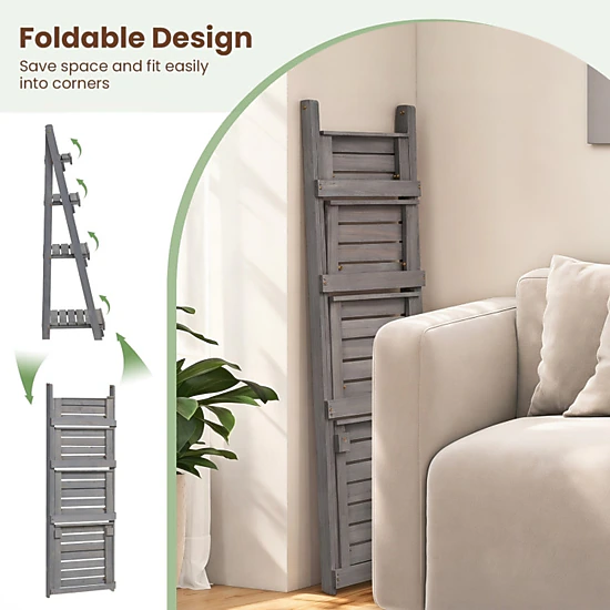 SUGIFT 4-Tier Gray Foldable Fir Wood Plant Stand, Ladder-Style Shelves ...