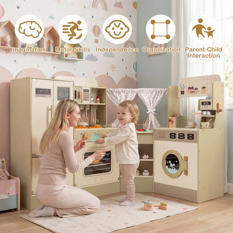 Hivvago Kids Corner Play Kitchen with Faucet and Dishwasher and Stoves
