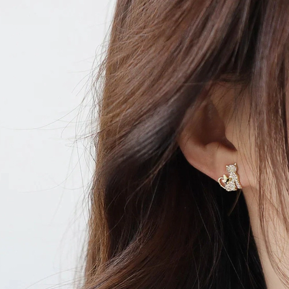 Wardrobe Whimsy Cat And Butterfly Stud Earrings Paved Cubic Zirconia Animal for Women