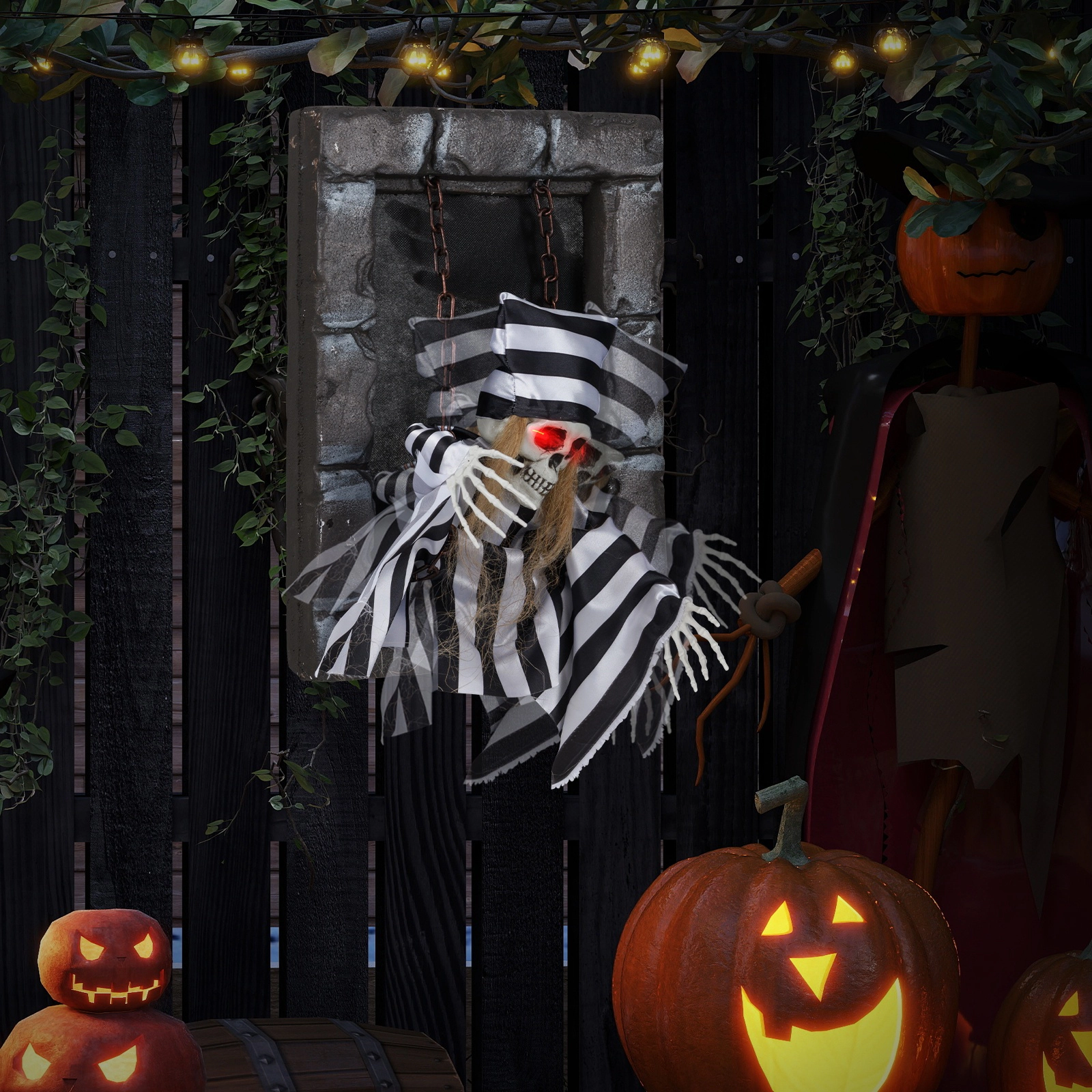 SUGIFT 18-in Sound Activated Animated Halloween Decoration Hanging Skull Prisoner with LED Eyes and Rope