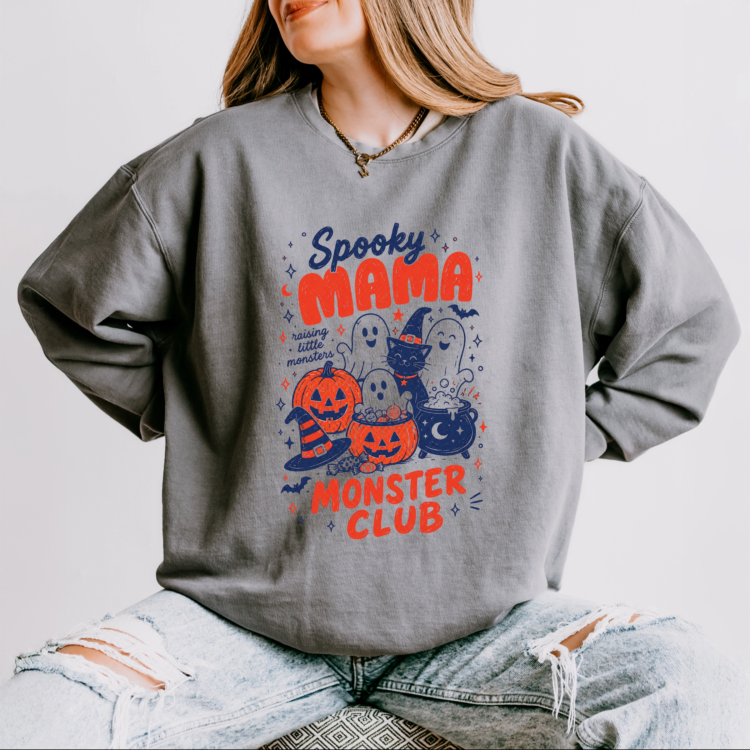 Simply Sage Market - Women's Lightweight Garment Dyed Sweatshirt Spooky Mama Monster Club