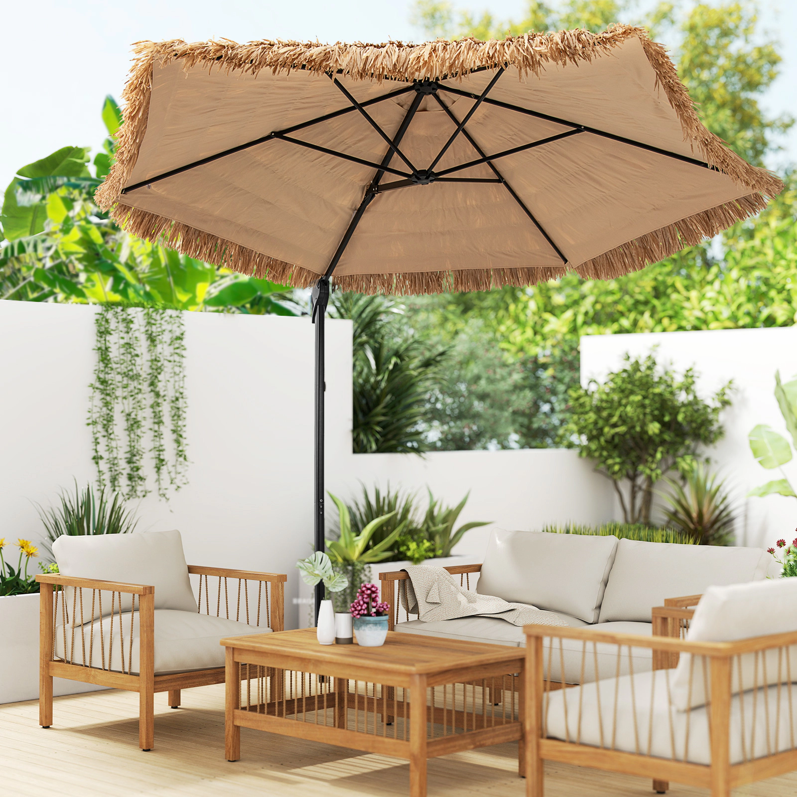 SUGIFT Cantilever Tiki Patio Umbrella with Double-Tier Offset Hanging Canopy Natural+Black