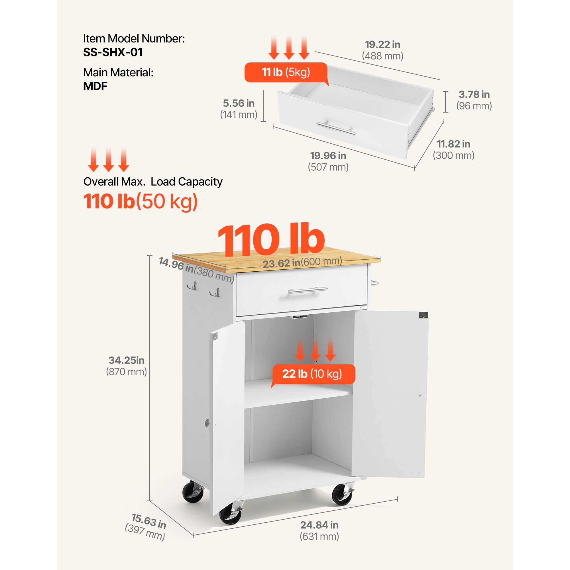 HONGGE Kitchen Island Cart with Storage Mobile Rolling Storage Island on Swivel Wheels with Drawer Storage Cabinet Rack