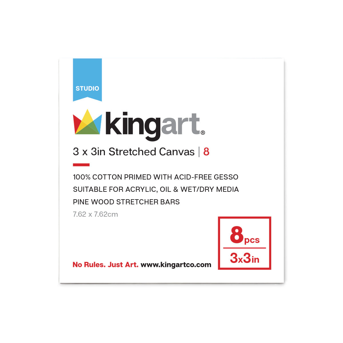 KINGART Stretched White Canvas 3" x 3" - 8 Pack - 100% Cotton, Pre-Primed