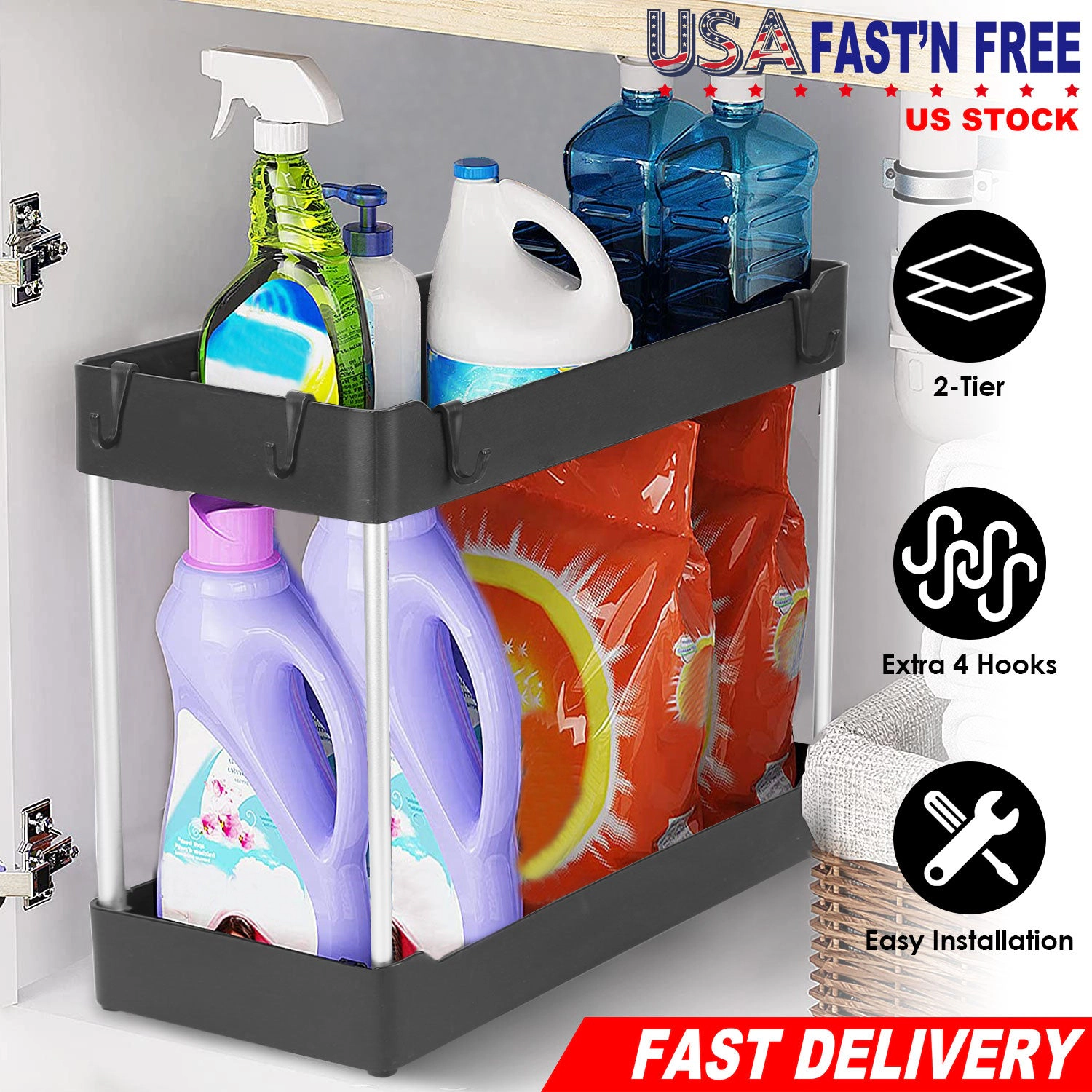 GBruno 2-Tier Under Sink Organizer With 4 Hooks