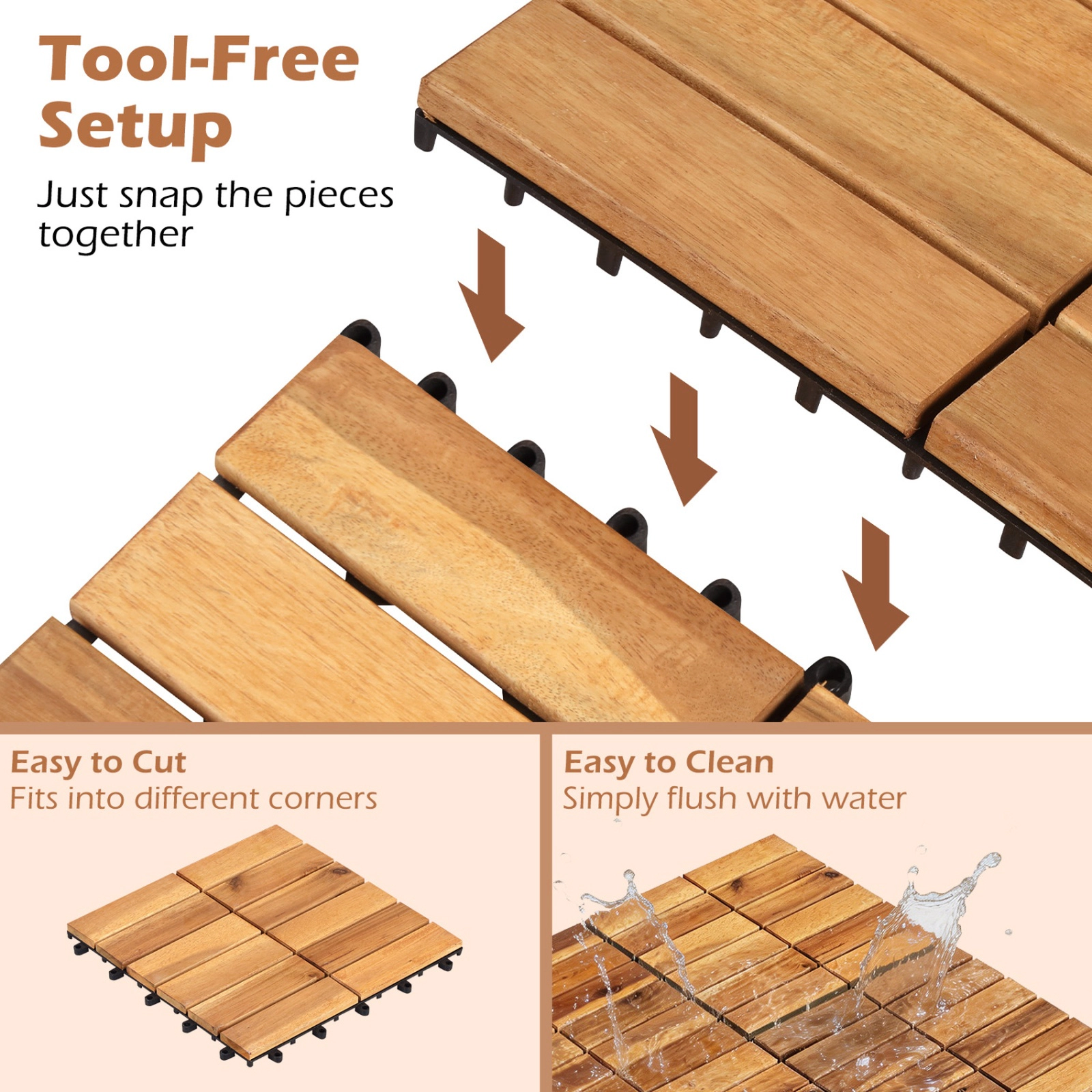 SUGIFT 27-Piece 12-in Natural Acacia Wood Interlocking Deck Tiles with Anti-Deformation PP Base
