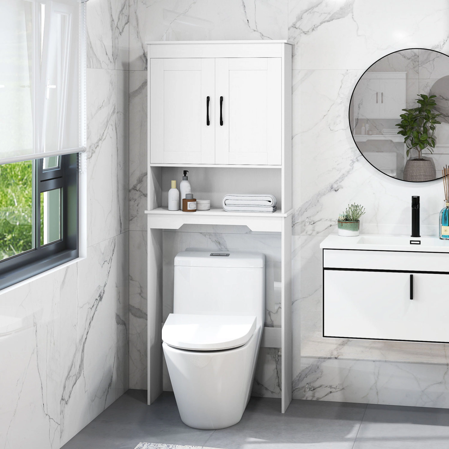Slickblue White Over Toilet Storage Cabinet with Adjustable Shelf and Open Shelf