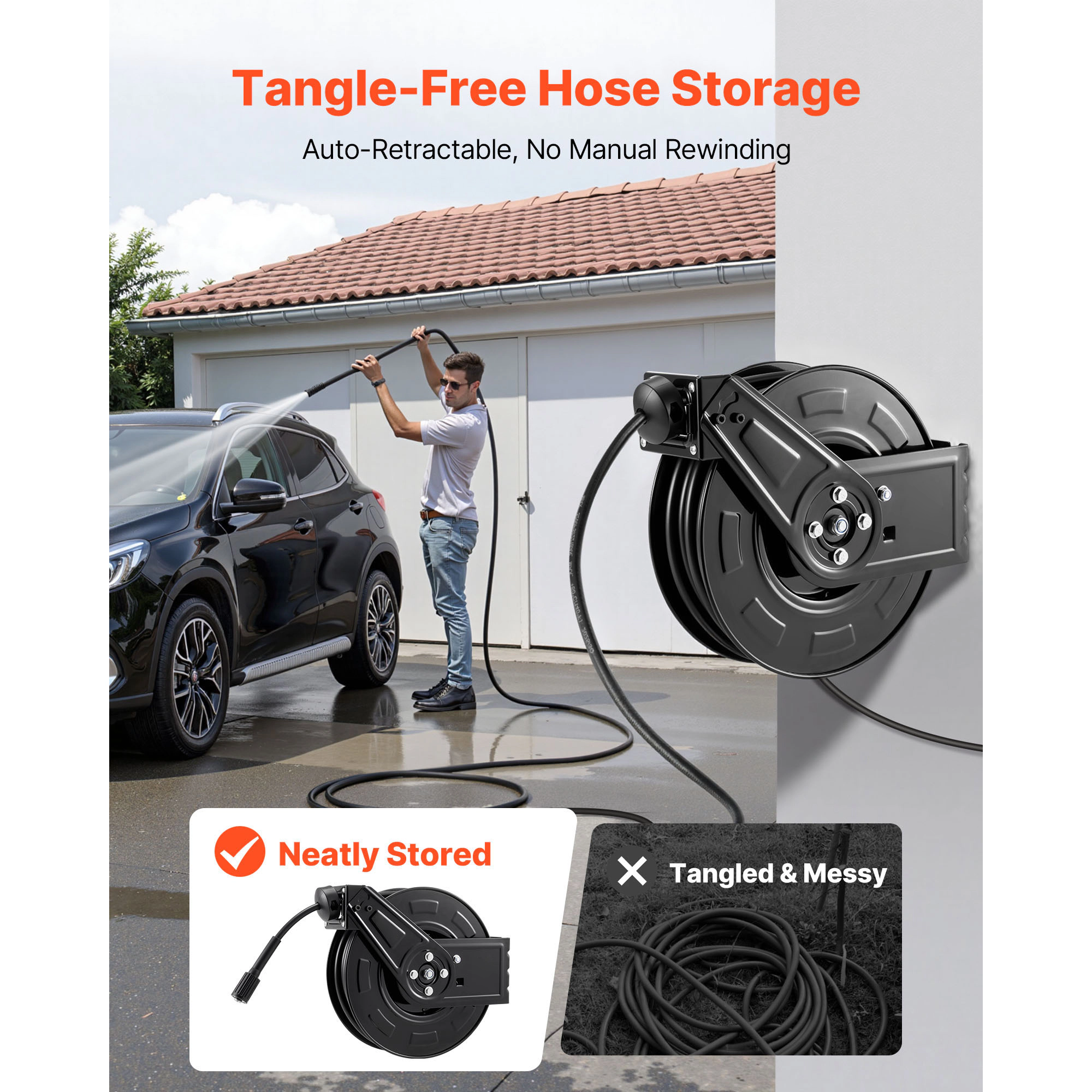 HONGGE Pressure Washer Hose Reel, Auto-Rewind 60 ft x 1/4-inch Steel Reel, 4000 PSI, Wall/Floor Mount