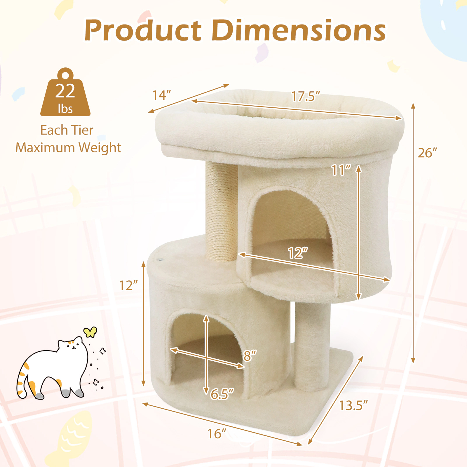 Glintex 26-Inch Cat Tower with Dual Condos and Fiberfill Raised-Edge Perch Bed