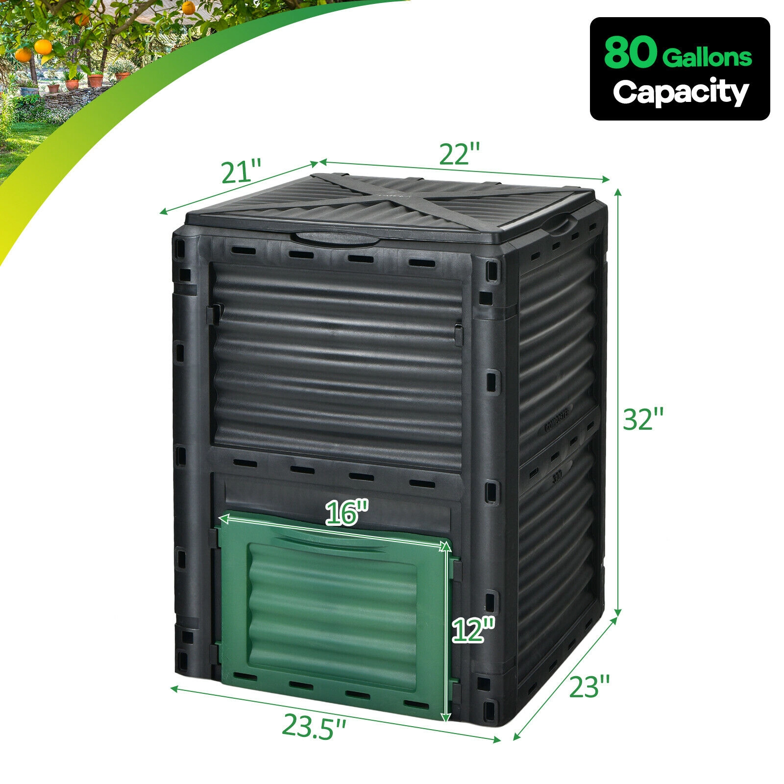 SUGIFT 80-Gal Openable Lid Bottom Exit Door Air-Vented Outdoor Composter Bin 23.5-in x 23-in x 32-in Green