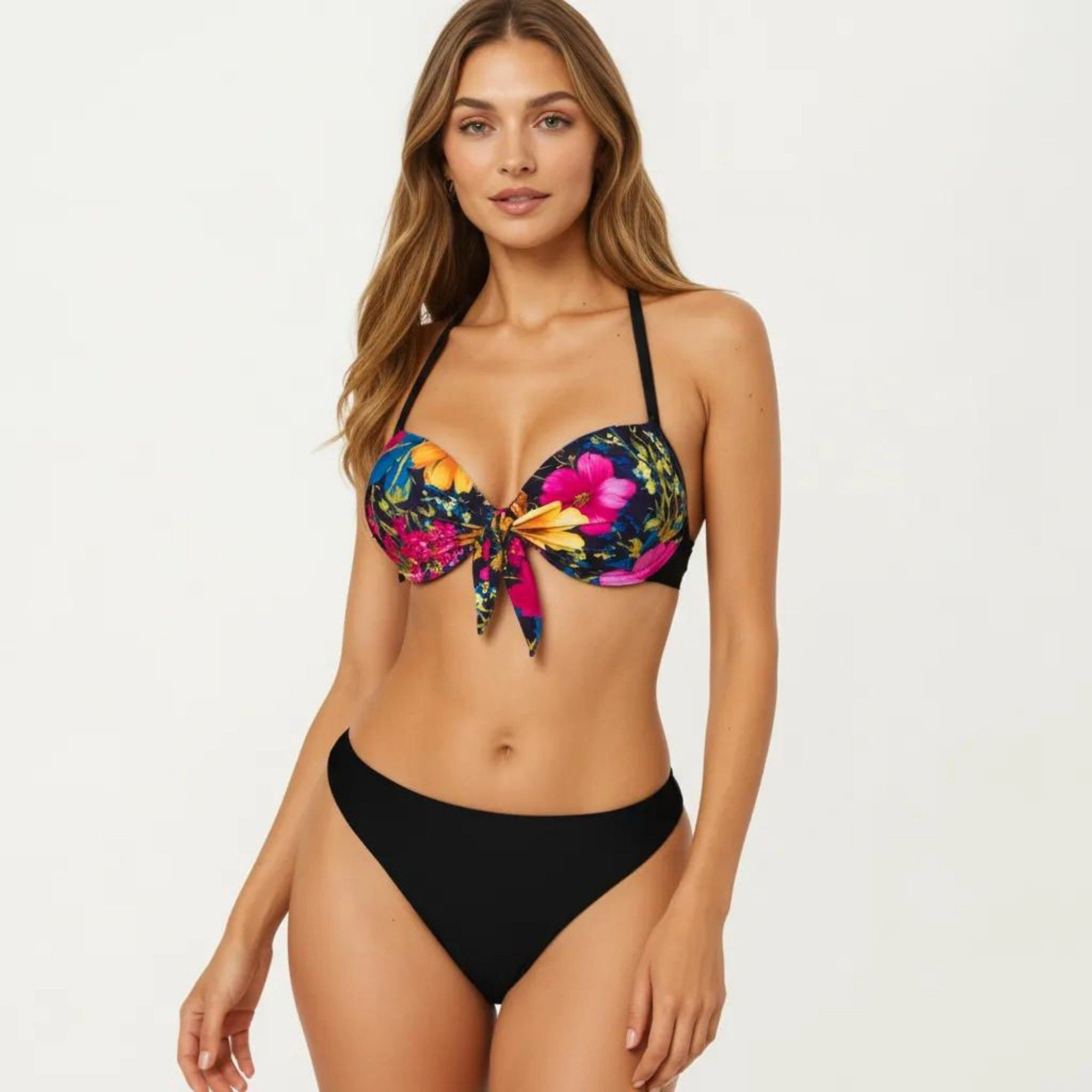 Anna-Kaci Women’s 2-Piece Floral Push-Up Bikini Set with Front Tie, High-Cut Bottom