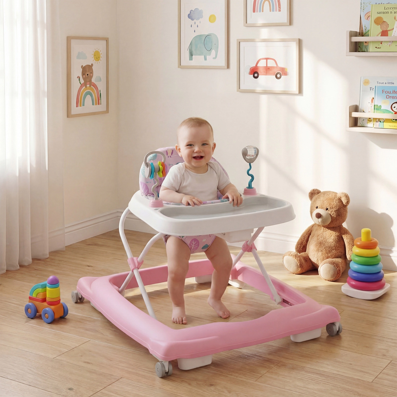 SUGIFT Foldable Baby Walker Adjustable Height & Feeding Tray 26-lb Capacity Ages 6-12 Months Pink with Shape Sorters