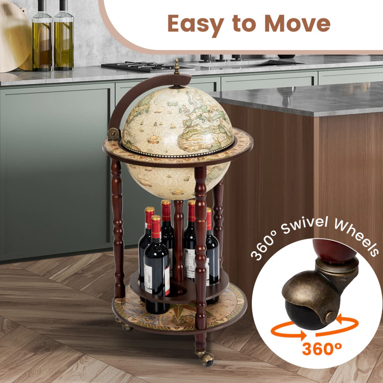 Hivvago 17-Inch Italian Style Wooden Globe Wine Rack with Wheels