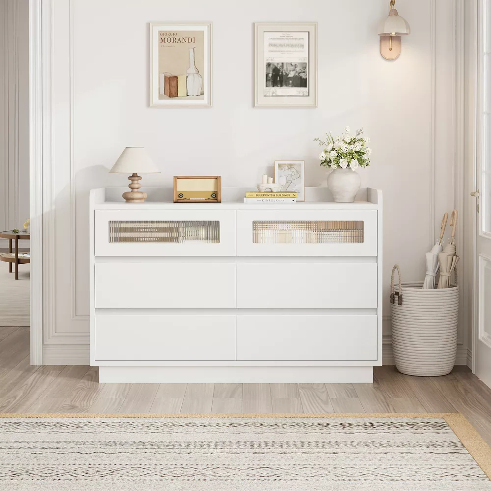 6 Drawer Dresser with LED Lights, 47.2" Wide Modern Wood Storage Chest for Bedroom Living Room