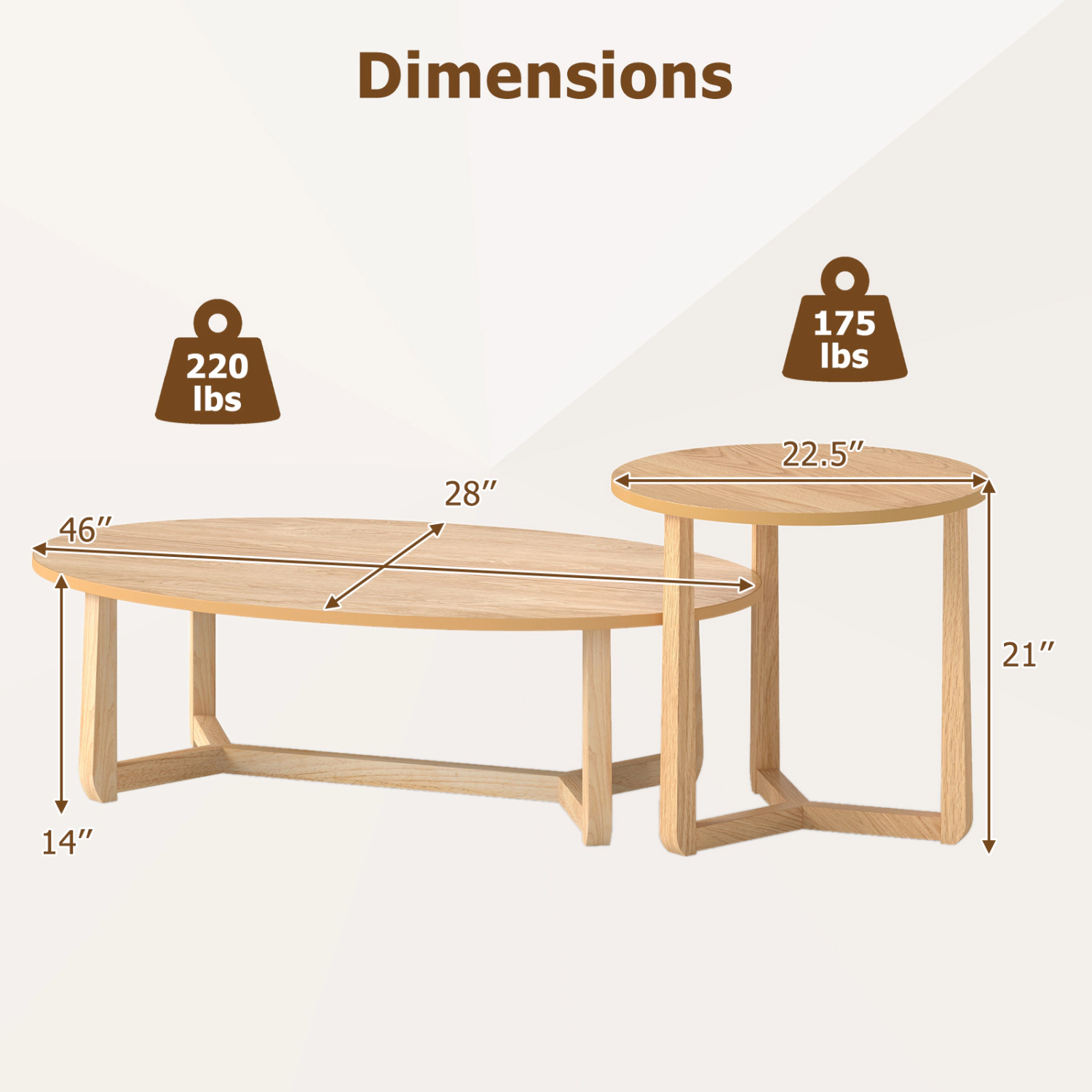 LJG Nesting Coffee Table Set of 2 with Wood Veneered Top and Solid Rubber Wood Legs