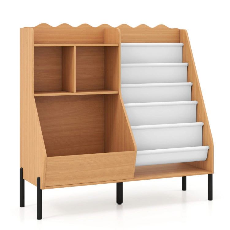 Hivvago Kids Bookshelf and Toy Storage Organizer Wooden Bookcase with 5 Fabric Pockets