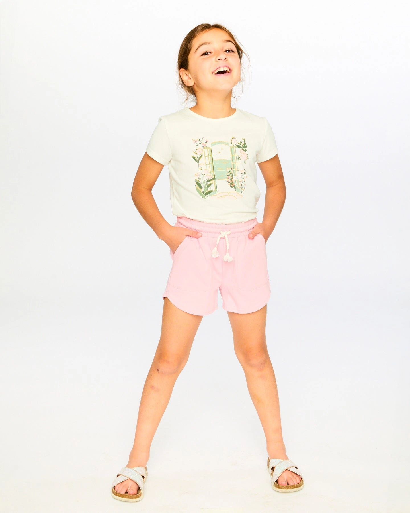 Deux par Deux Girls Organic Cotton Garden Window Graphic Short Sleeve T-Shirt