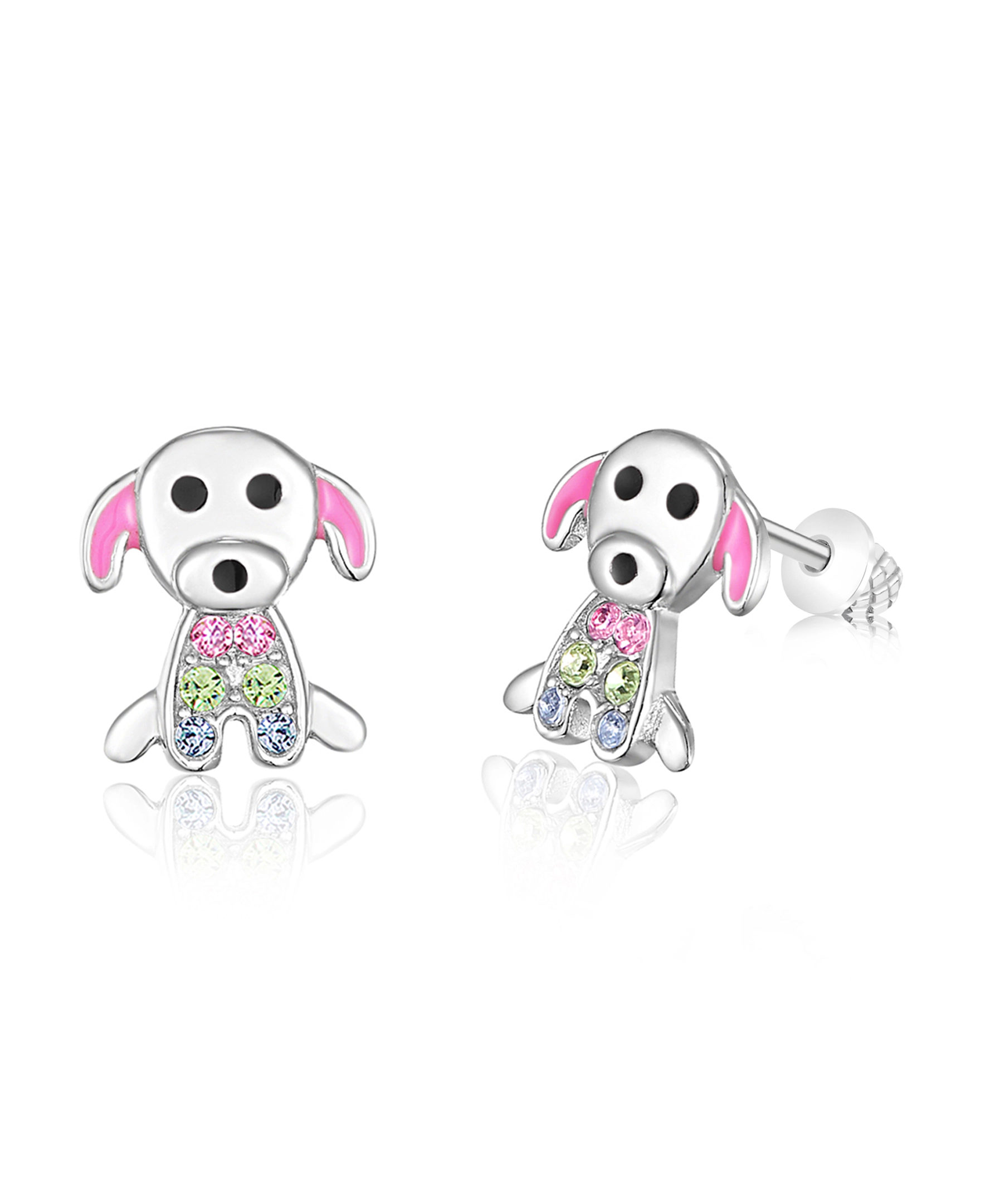 CHANTEUR Girls Dog Crystal Stud Earrings - Multi-Color Crystal, White Gold Palladium Plating, Surgical Steel Posts, Screw Back