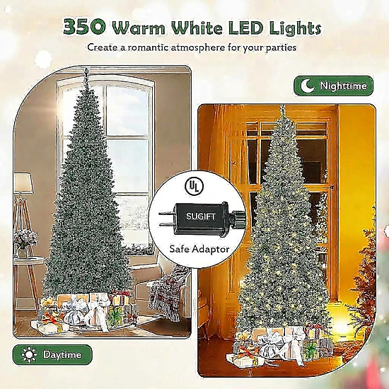 SUGIFT 7.5-ft Pre-Lit Pencil Christmas Tree, 350 Warm White LED Lights ...