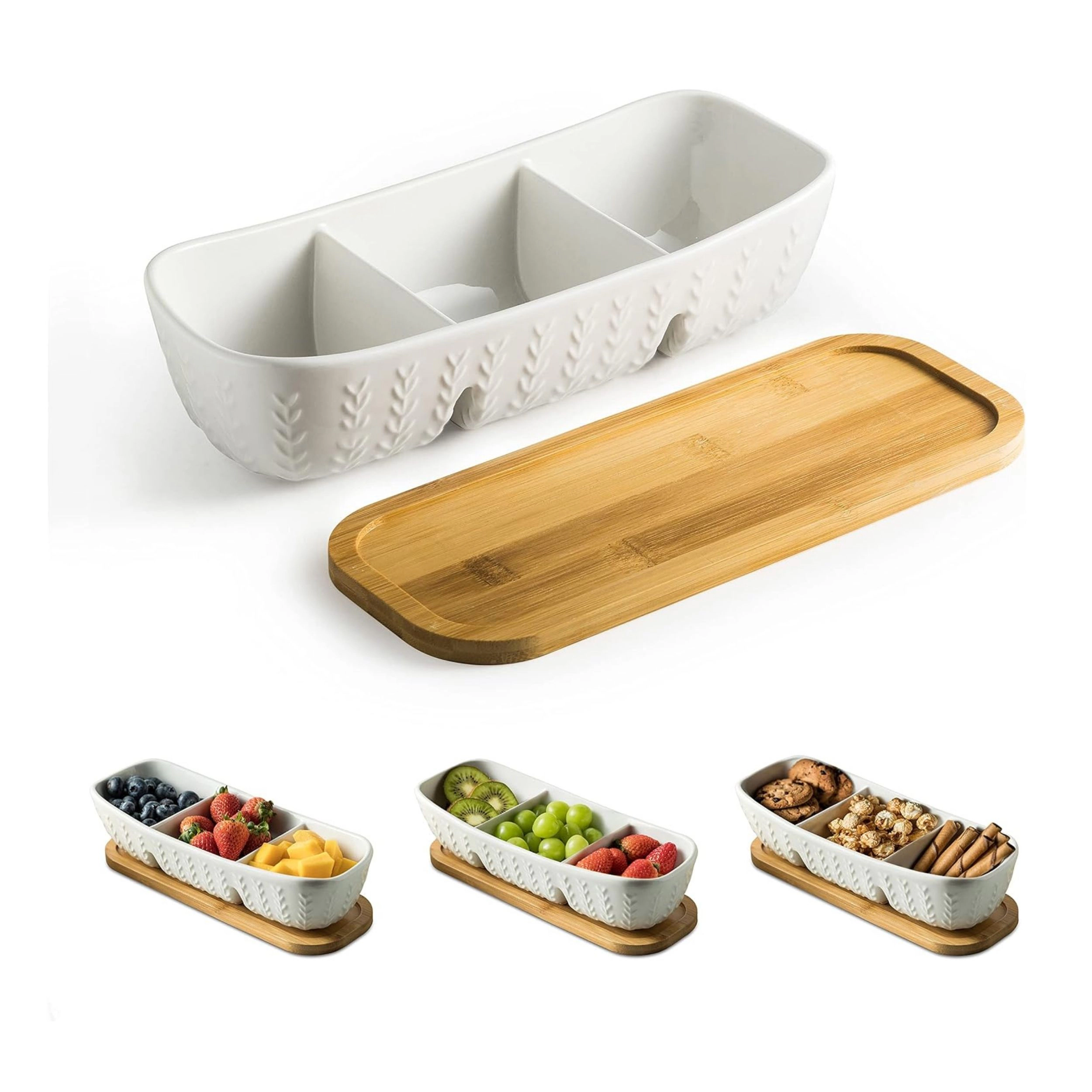 Stock Preferred Ceramic Chip and Dip Bowl Set with Divided Acacia Wood Serving Tray