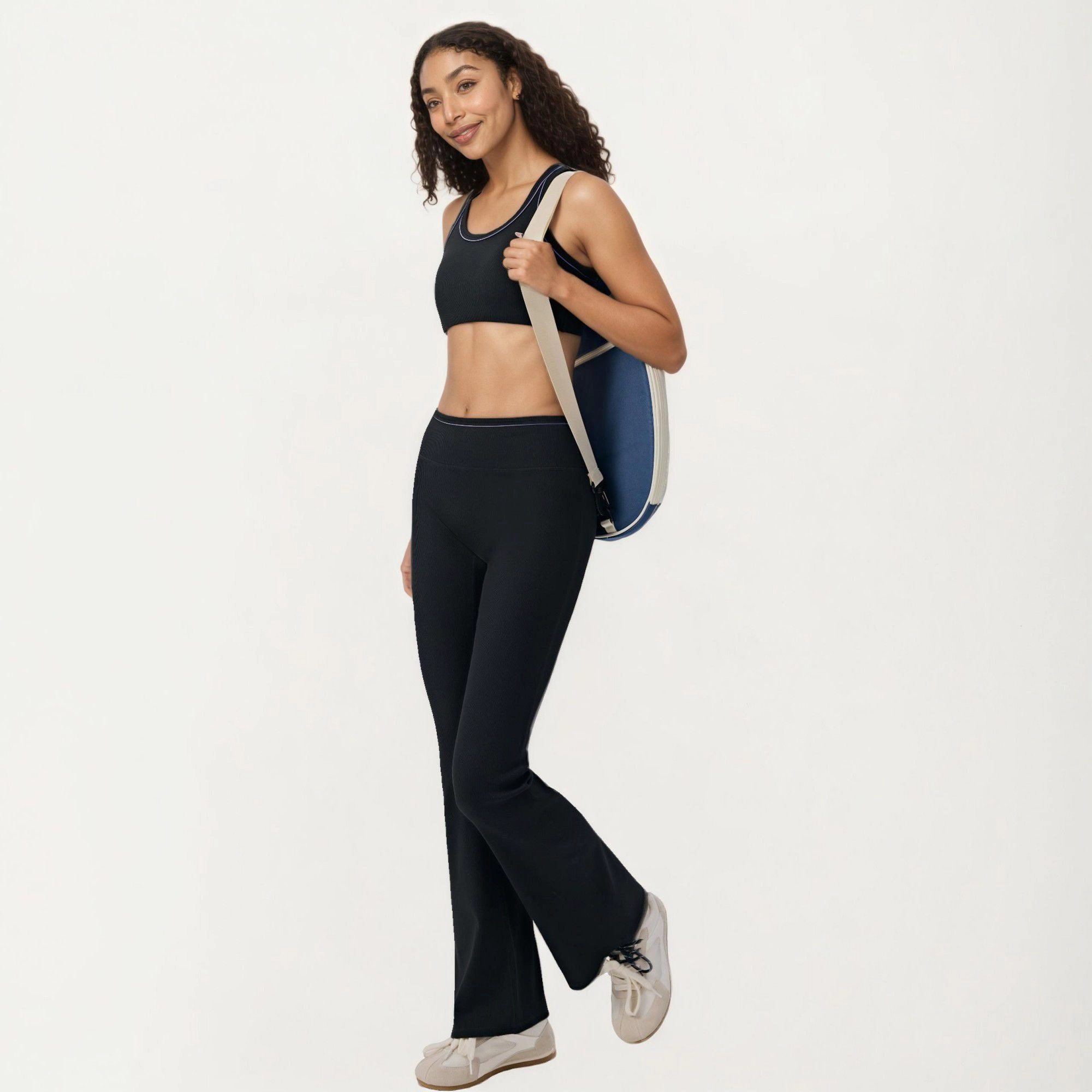 Anna-Kaci Active Women's High Waist Ribbed Flare Pants with Stretch Performance Fabric