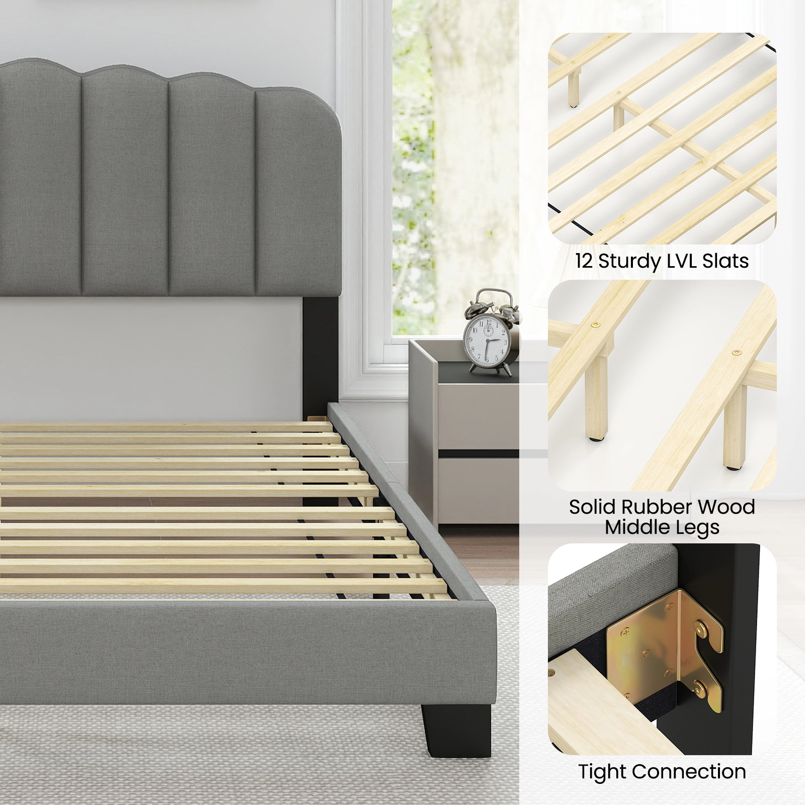 SUGIFT Gray Adjustable Scalloped Tufted Headboard and LVL Slats Queen Size Bed Frame