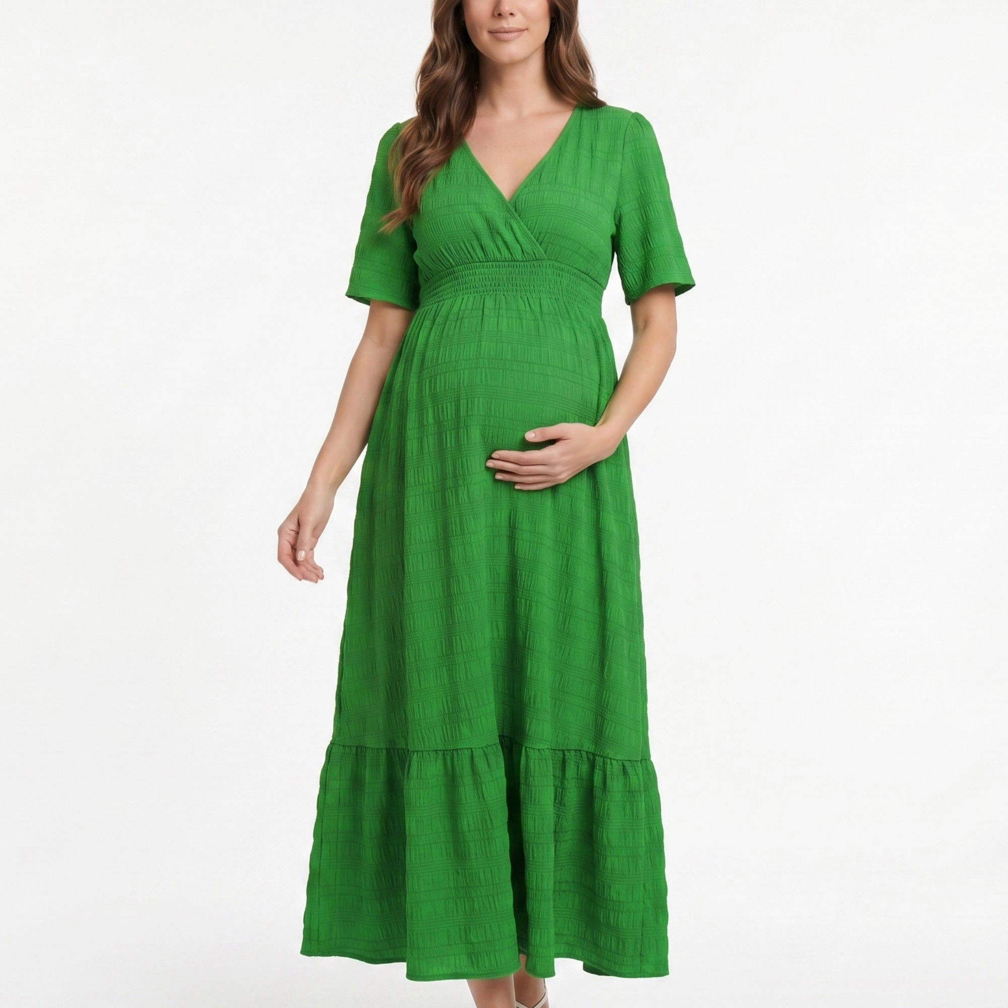 Anna-Kaci Women's Maternity V Neck Textured Short Sleeve Tiered Hem Midi Dress