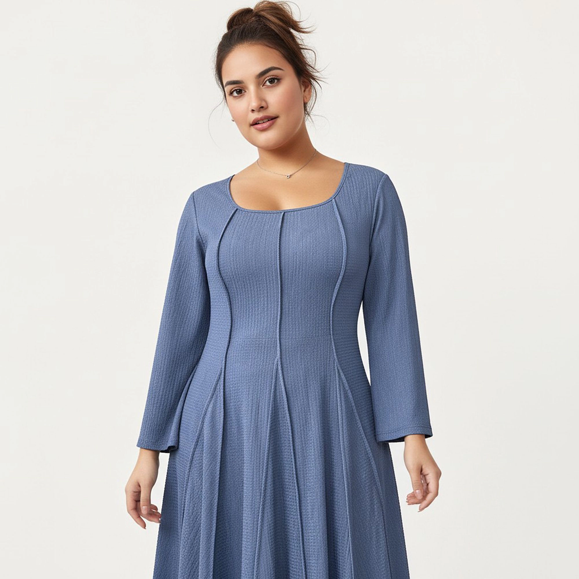 Anna-Kaci Women's Plus Long Sleeve Fitted Bodice Flared Skirt Square Neck Midi Dress